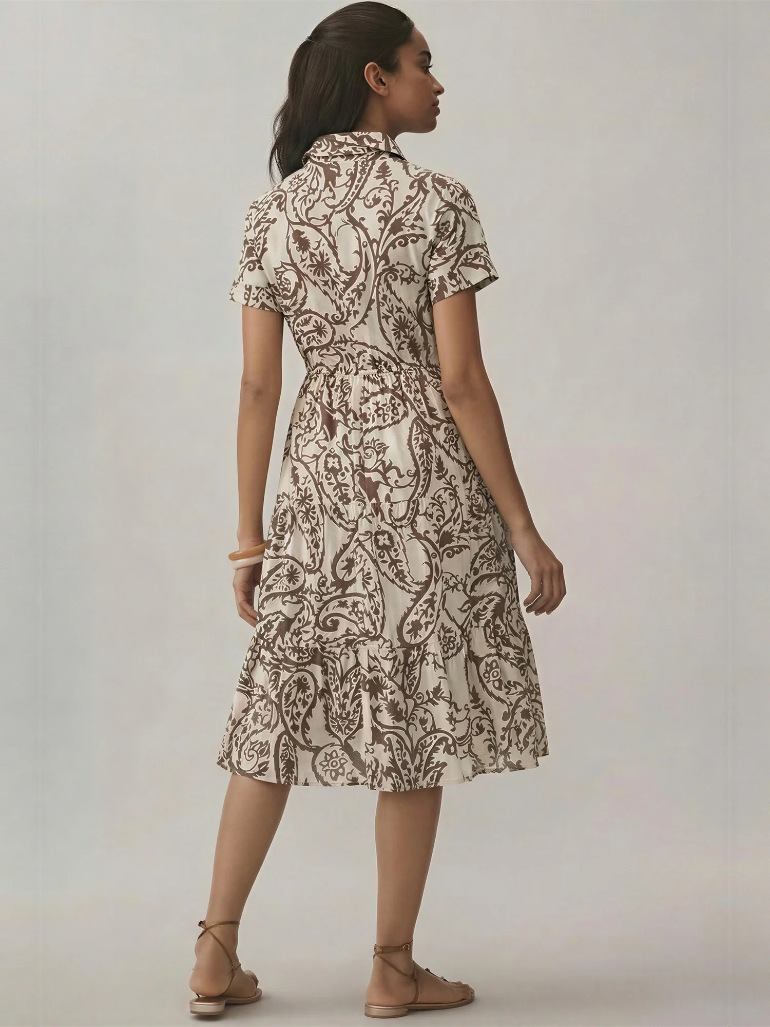Short Sleeve Cotton Poplin Foliage Print Shirt A Line Midi Dress - Image 4