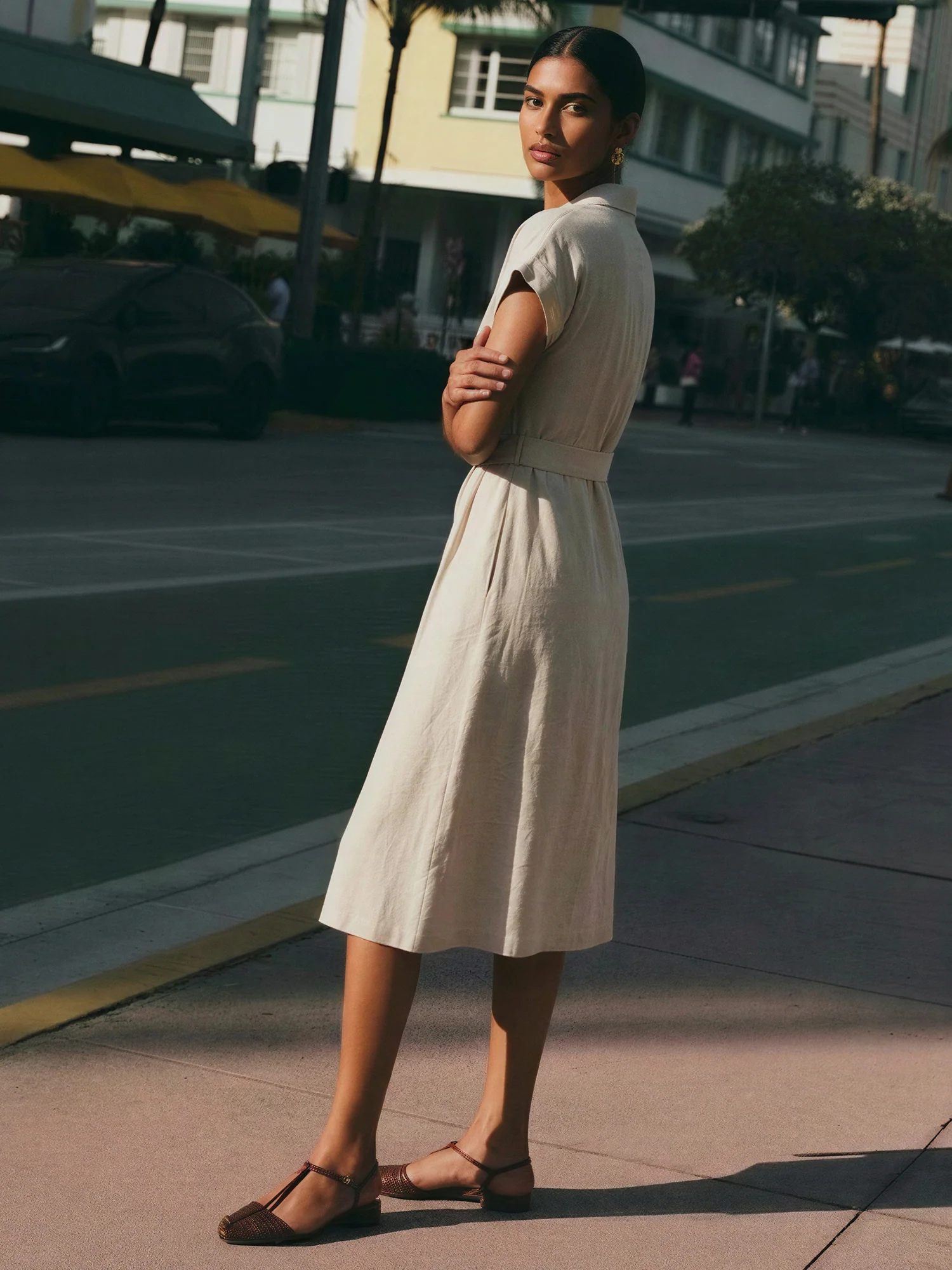 Short Sleeve Crochet Trim Linen A Line Shirt Midi Dress - Image 4