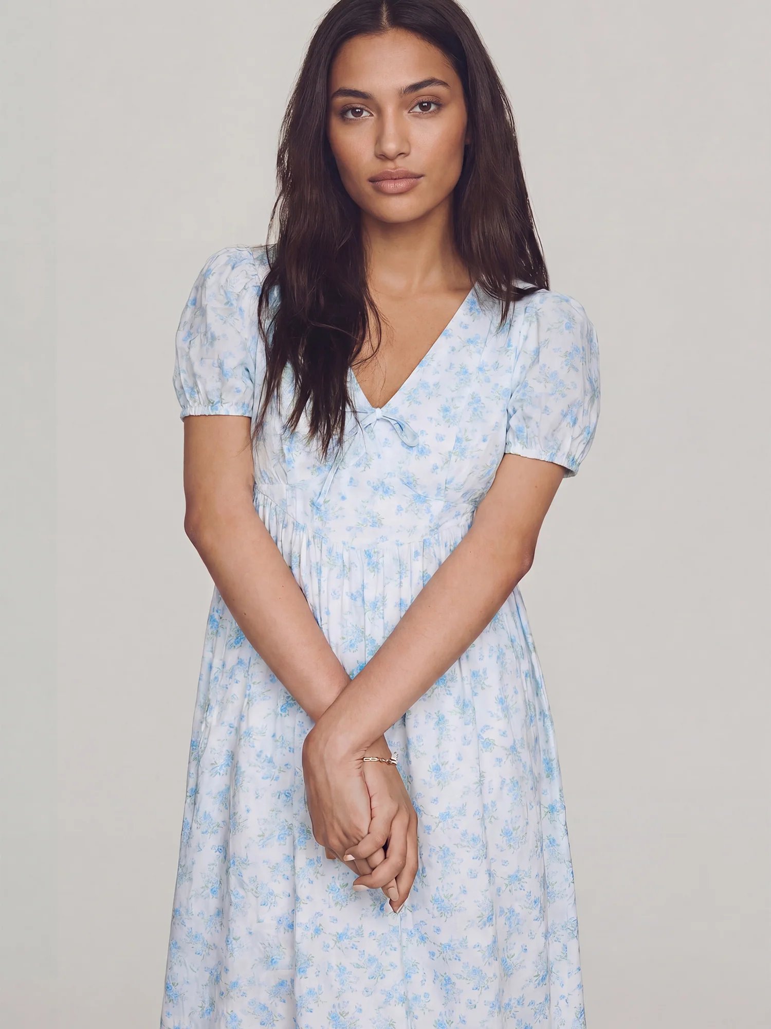 Short Sleeves Floral Bow Bias Sun Midi Dress - Image 2
