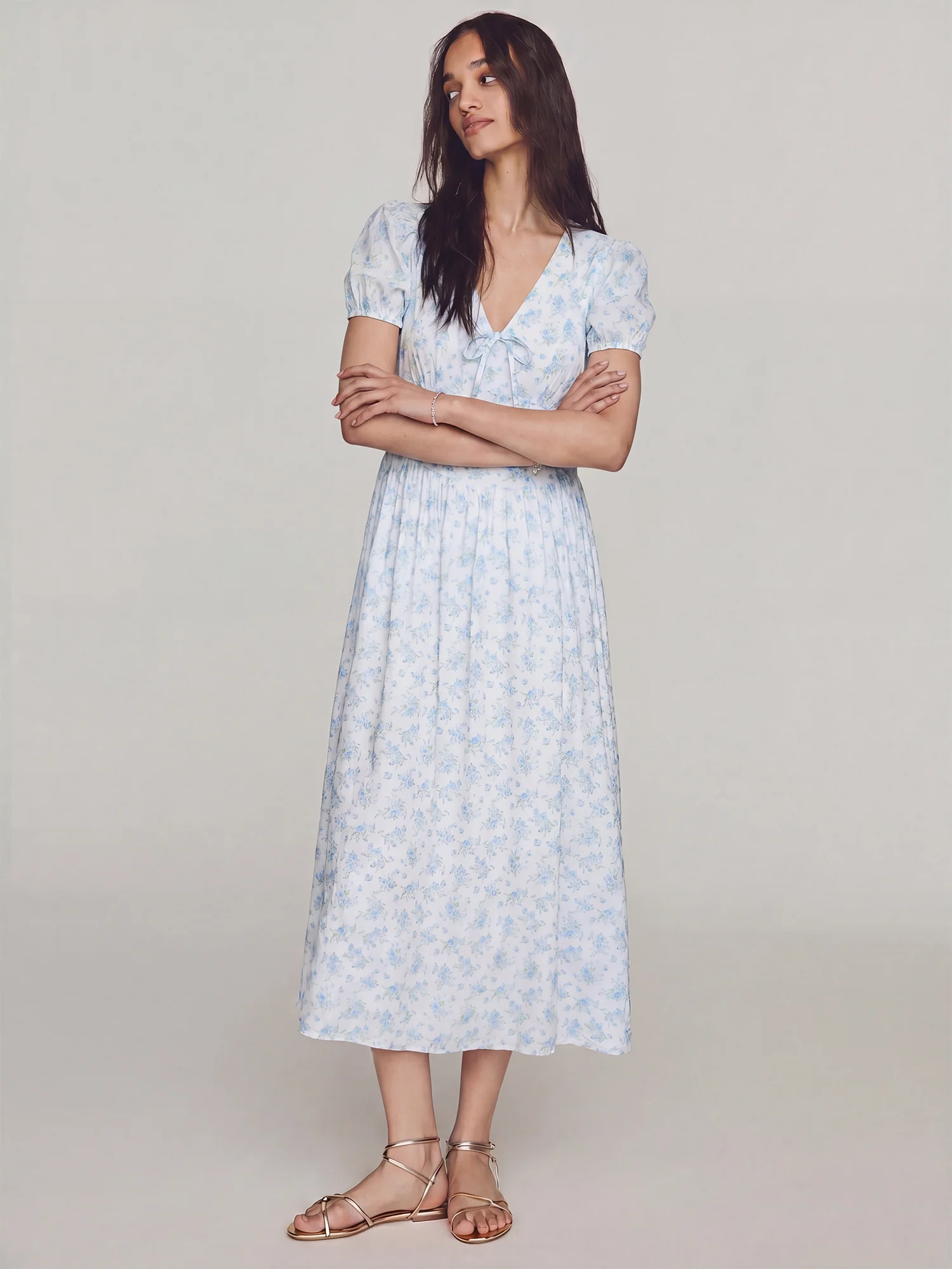 Short Sleeves Floral Bow Bias Sun Midi Dress - Image 3