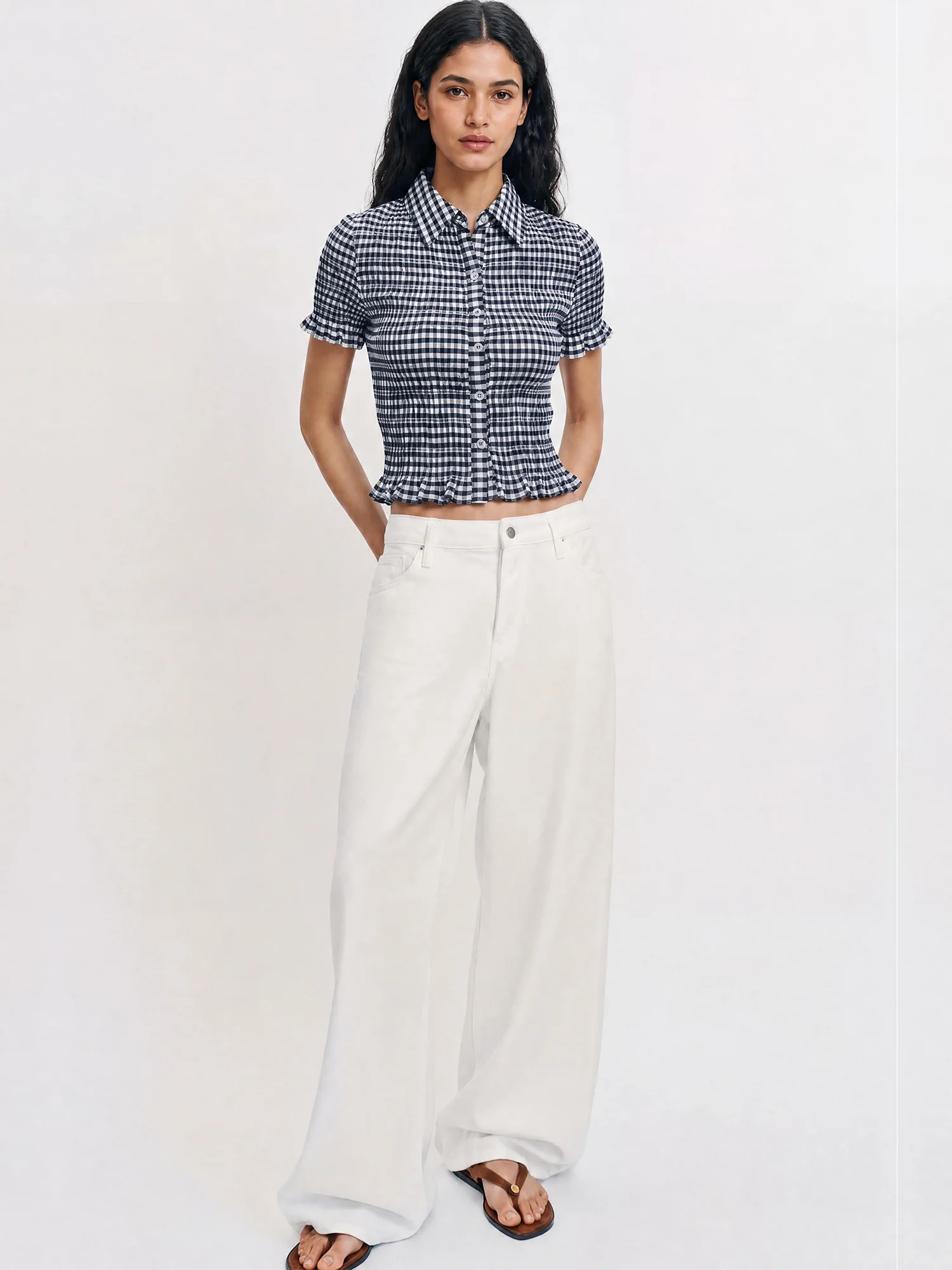 Shortsleeves Gingham Stretch Button Down Top - Image 2