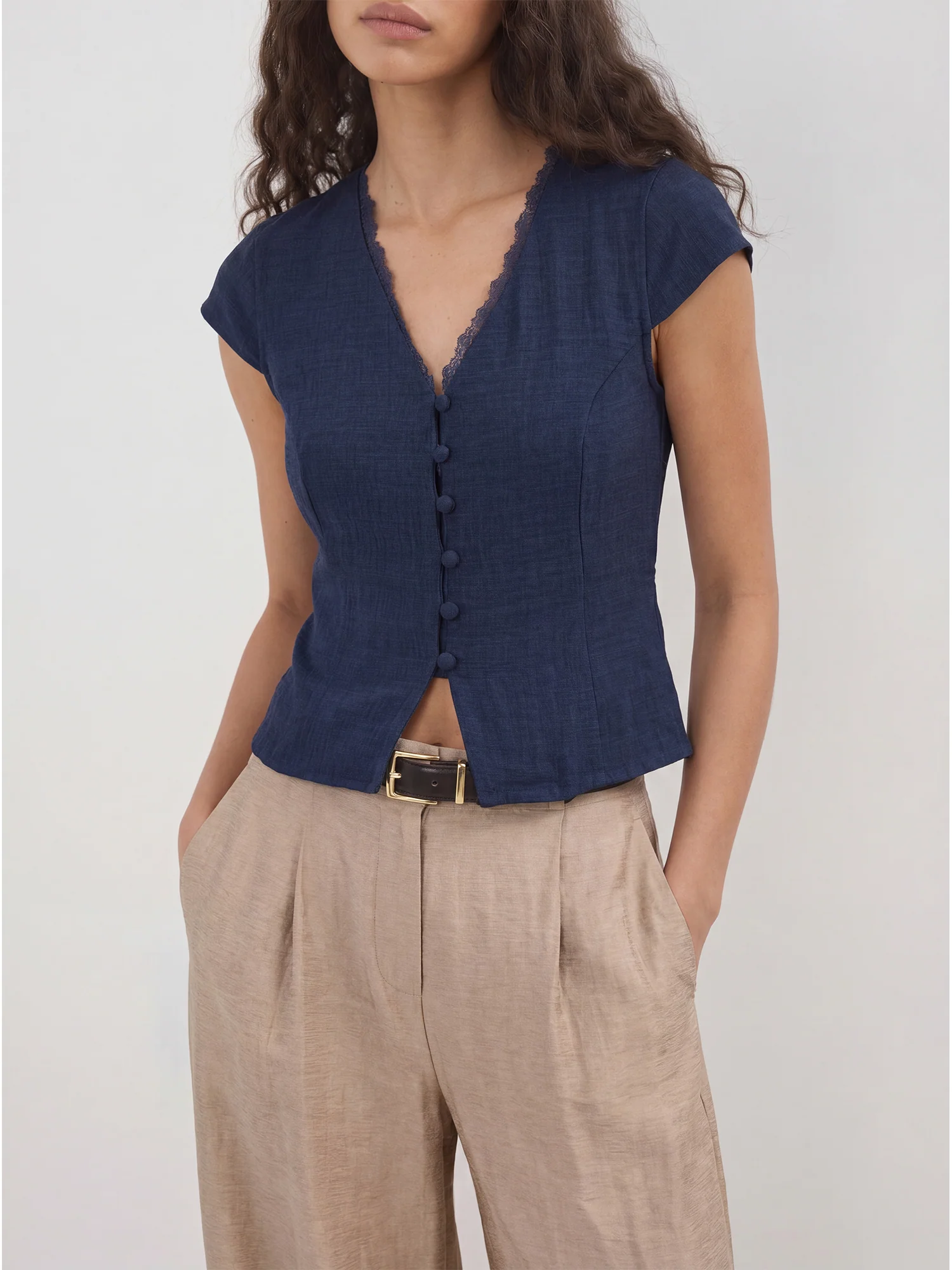 Short Sleeves Lace Trim Button Top - Image 3