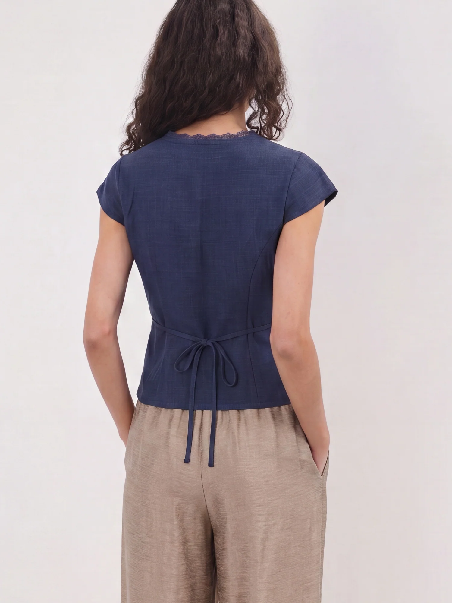 Short Sleeves Lace Trim Button Top - Image 4