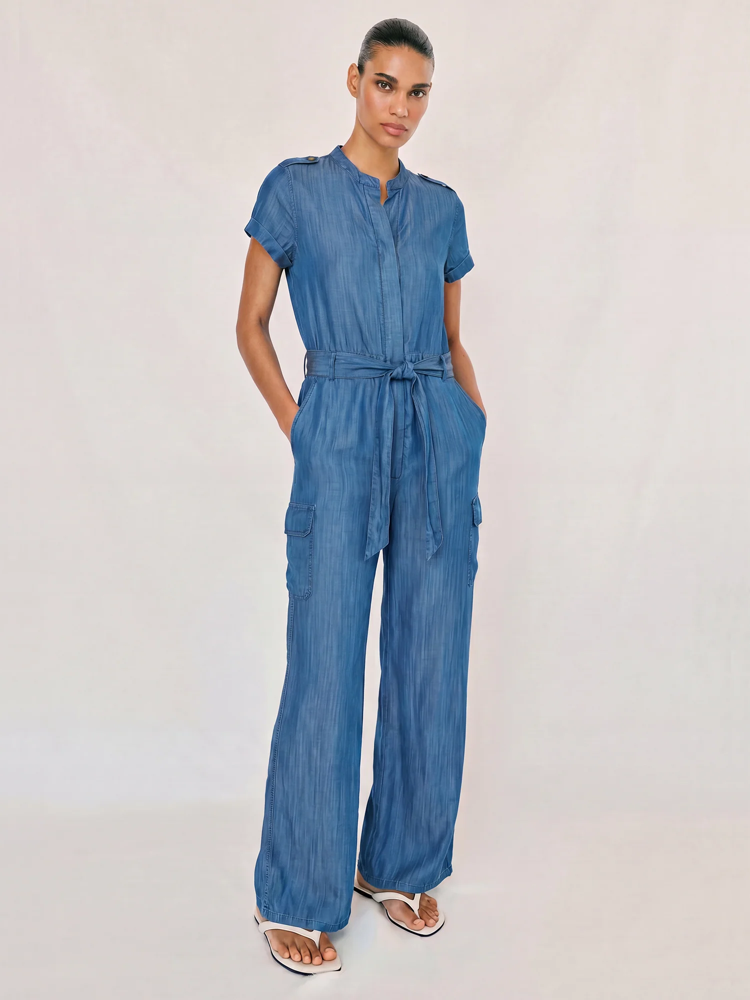 Short Sleeves Mandarin Collar Tencel Jumpsuit - Image 2