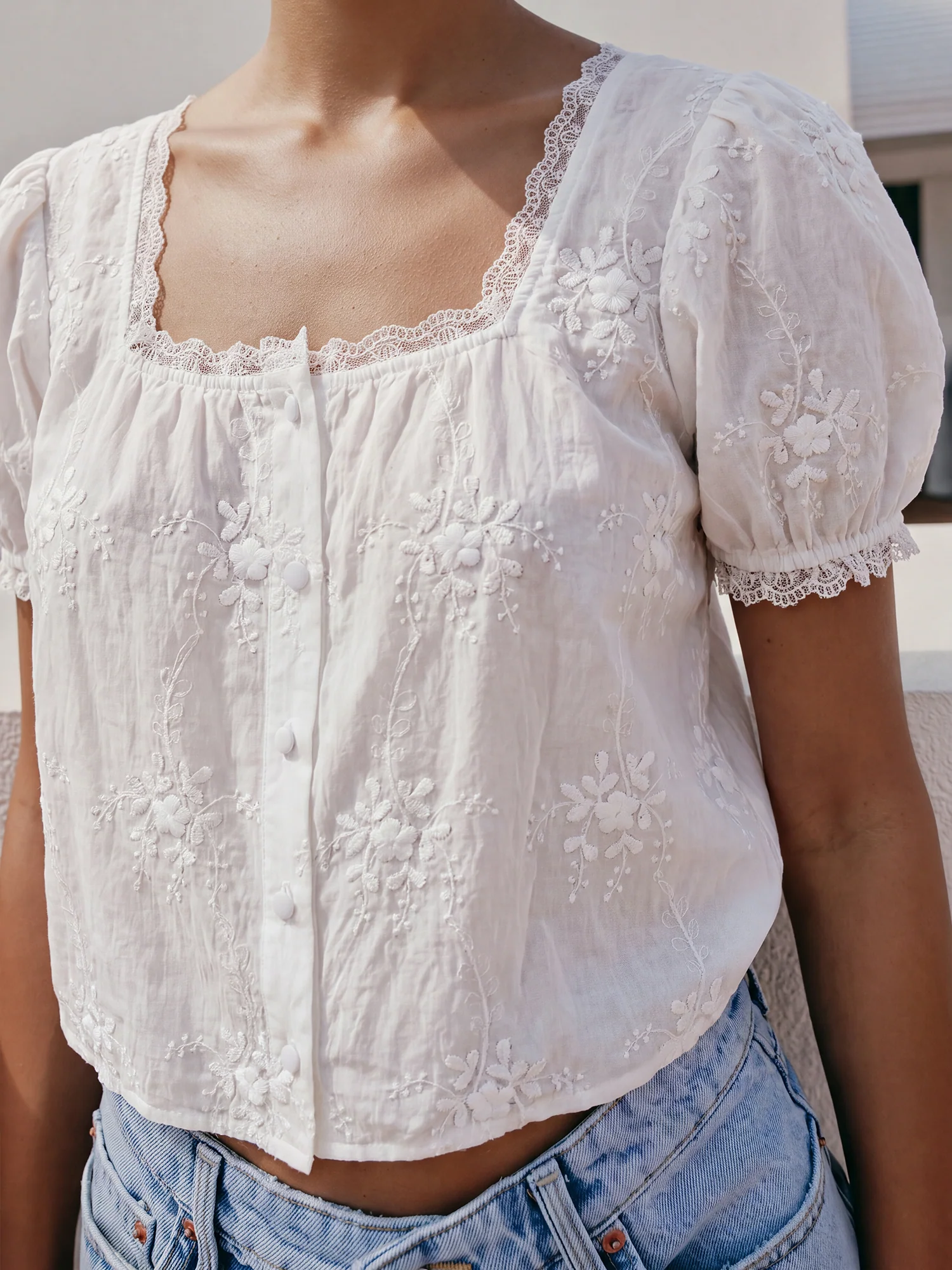 Short Sleeves Peasant Square Neck Button Blouse - Image 2
