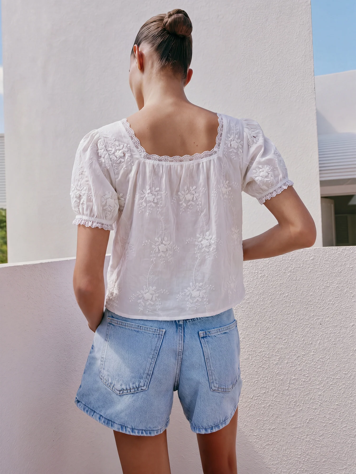 Short Sleeves Peasant Square Neck Button Blouse - Image 4