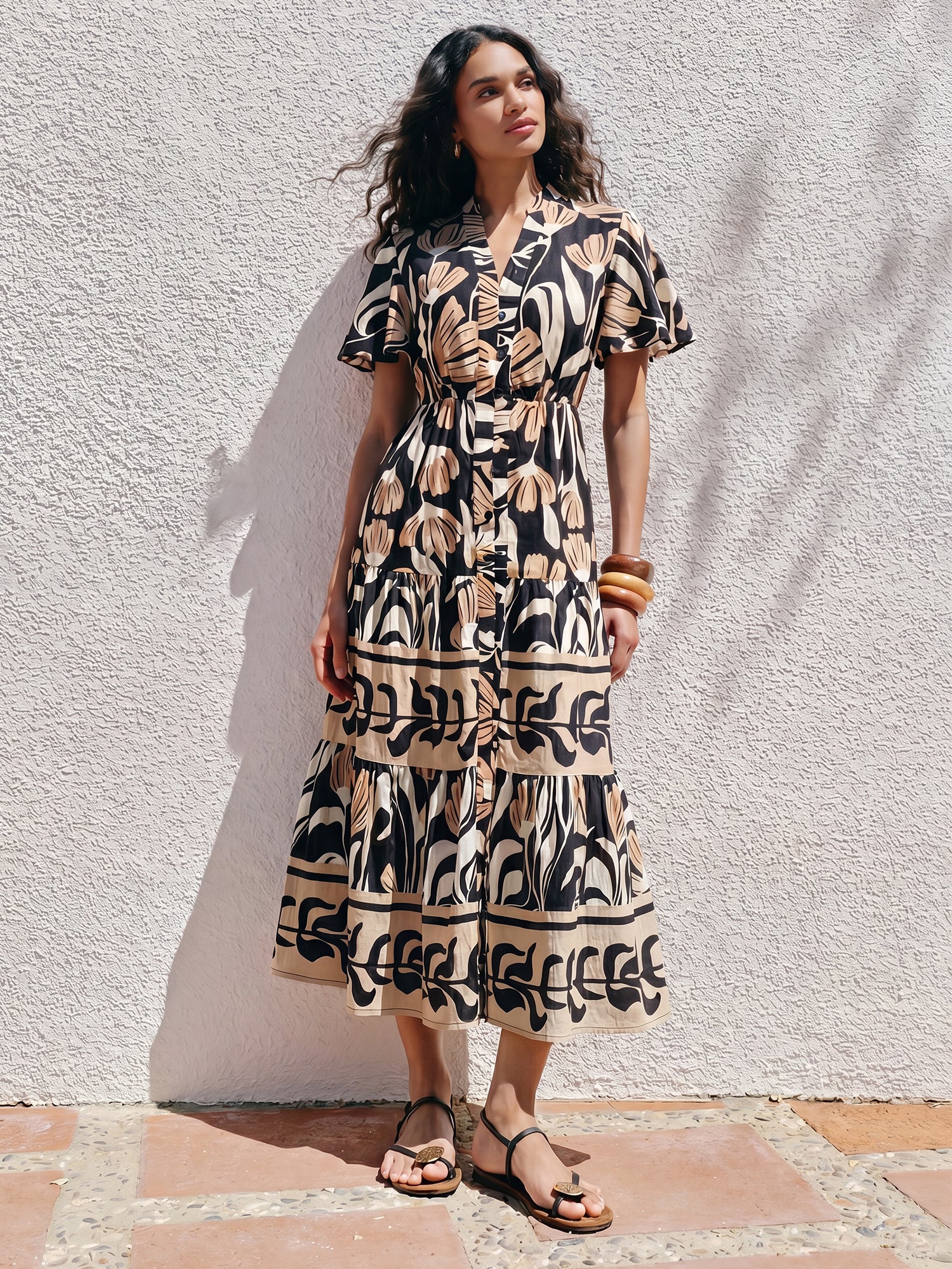Short Sleeve Puff Sleeve Block Print Shirt Midi Dress