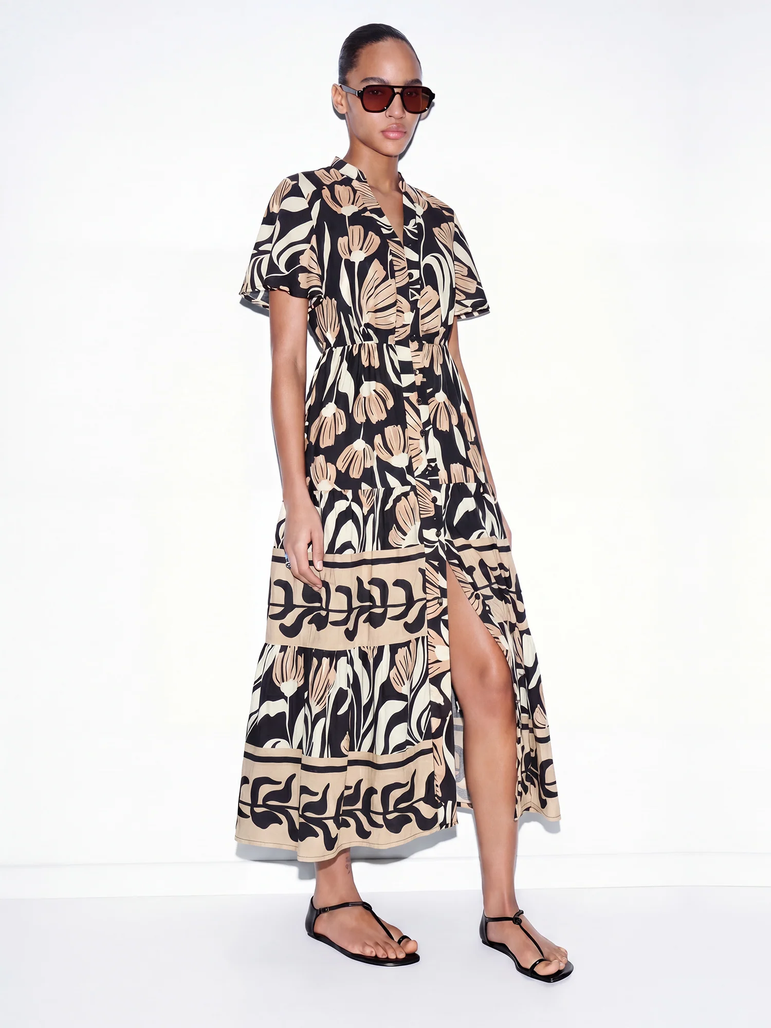 Short Sleeve Puff Sleeve Block Print Shirt Midi Dress - Image 2