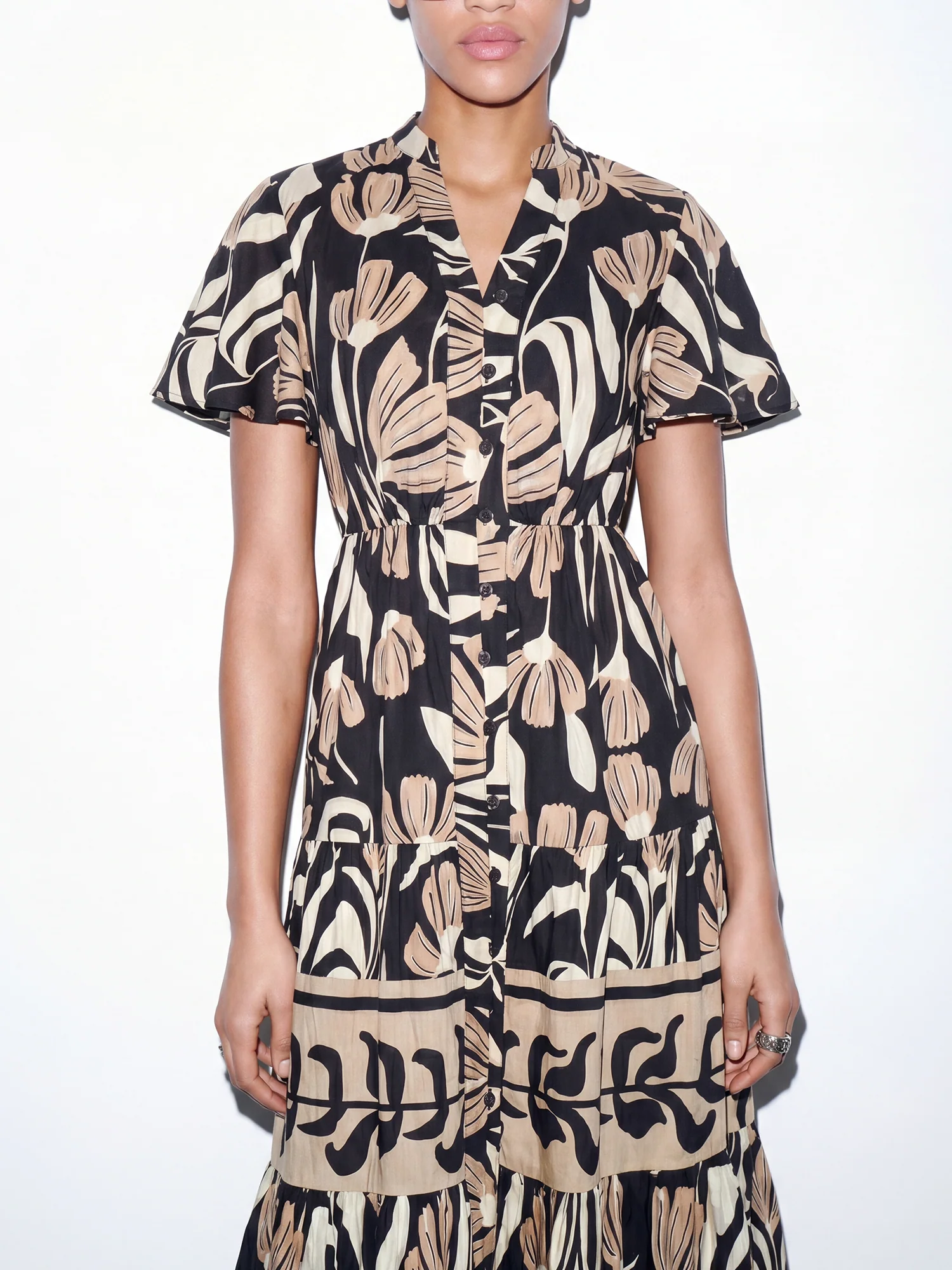 Short Sleeve Puff Sleeve Block Print Shirt Midi Dress - Image 6
