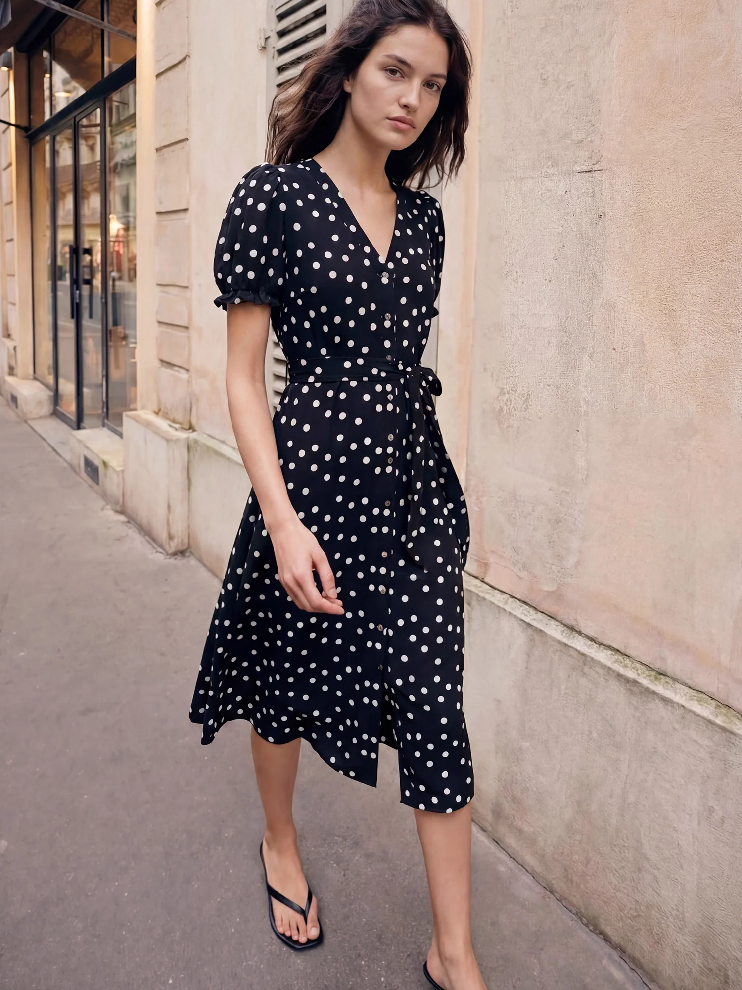 Short Sleeve Puff Sleeve Polka Dot Crepe Shirt Midi - Image 5