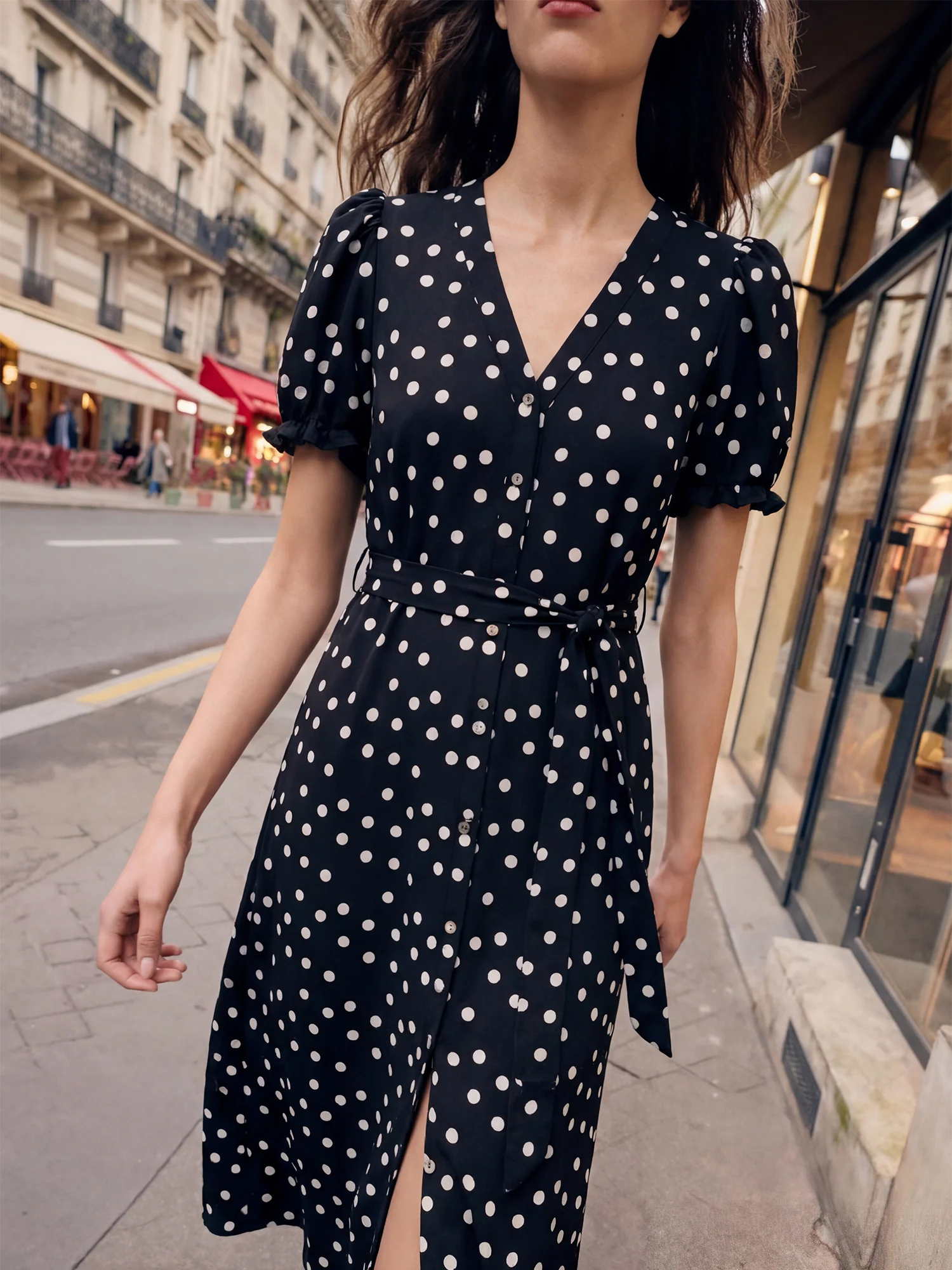 Short Sleeve Puff Sleeve Polka Dot Crepe Shirt Midi - Image 6
