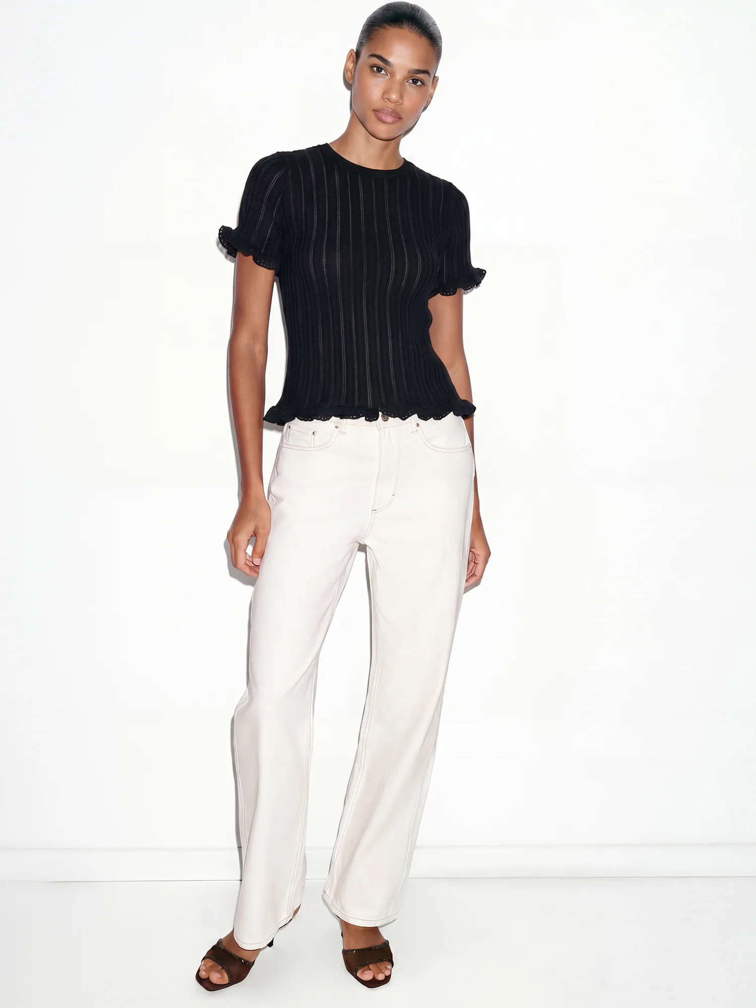Shortsleeves Rib Knit Ruffle Trim Top - Image 2
