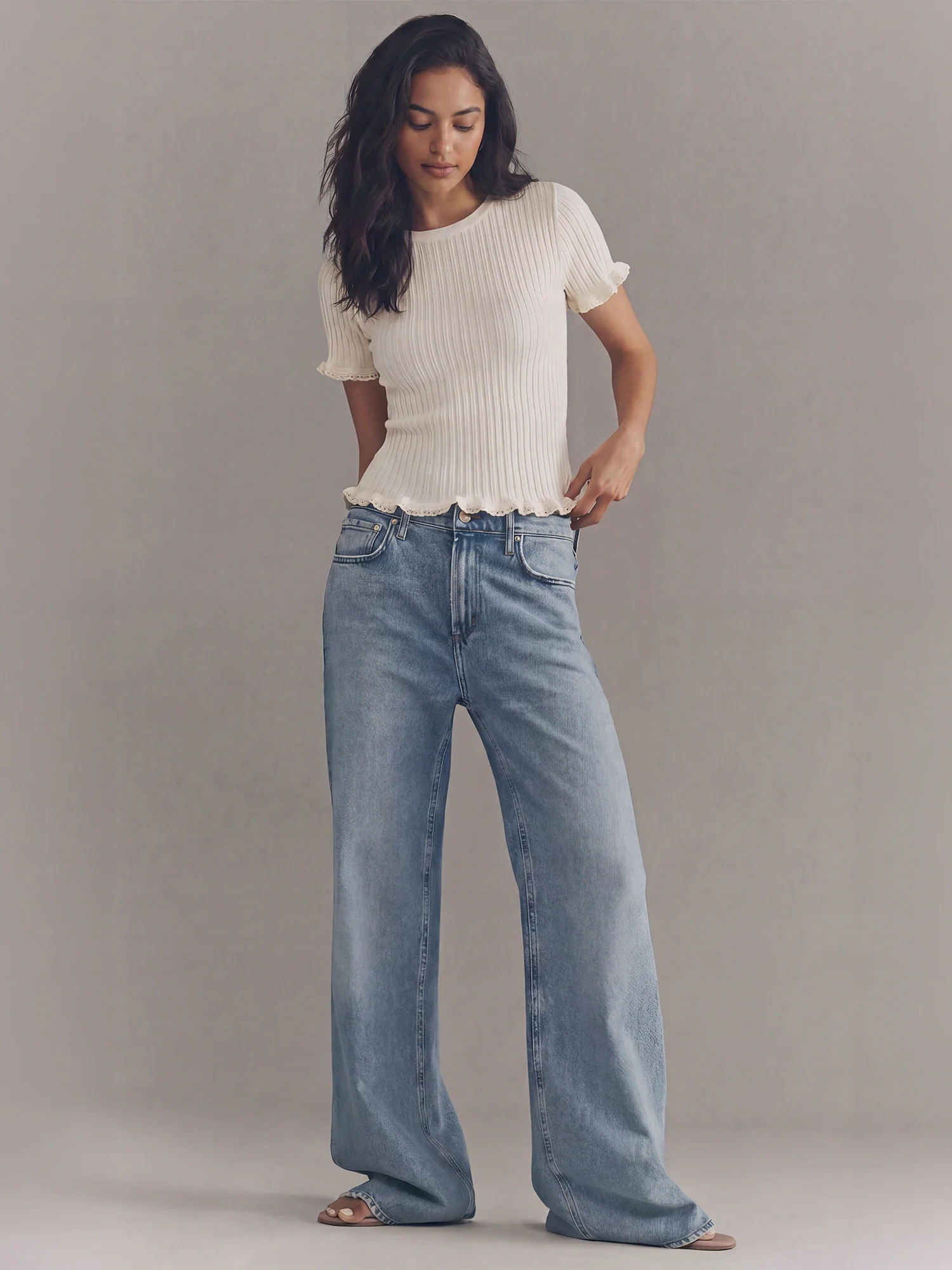 Shortsleeves Rib Knit Ruffle Trim Top - Image 7