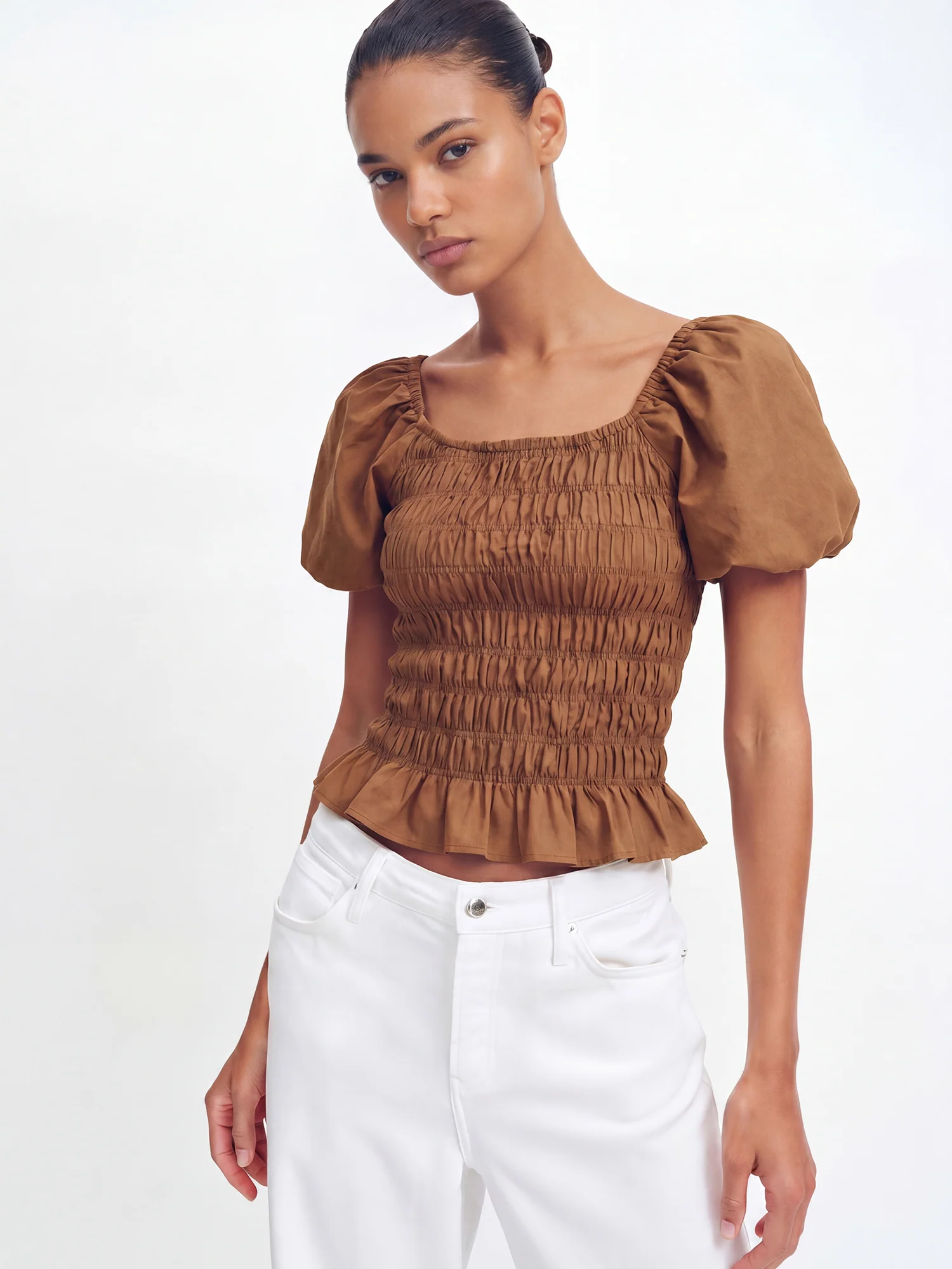 Short Sleeve Smocked Bodice Puff Sleeve Top