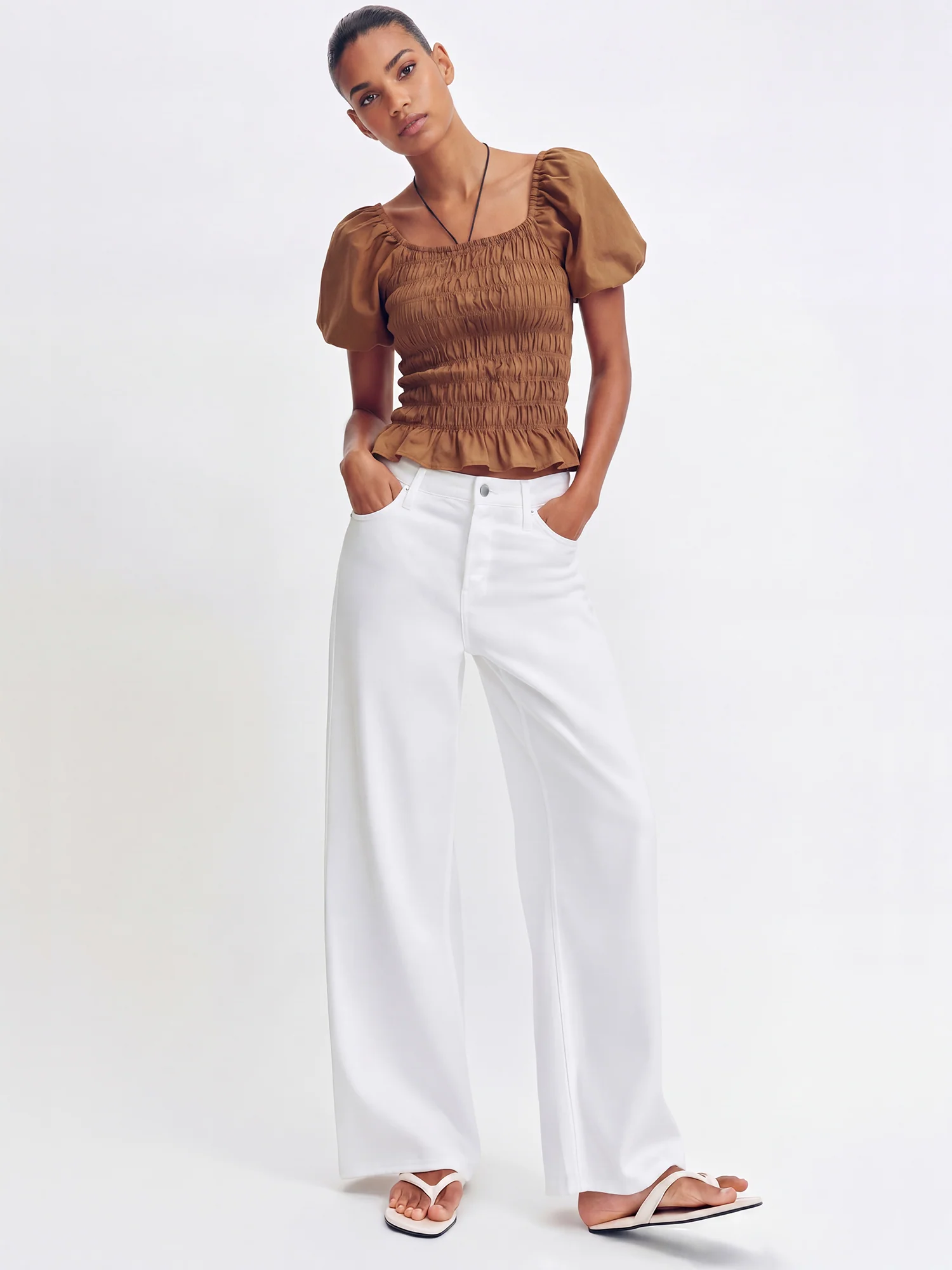 Short Sleeve Smocked Bodice Puff Sleeve Top - Image 2