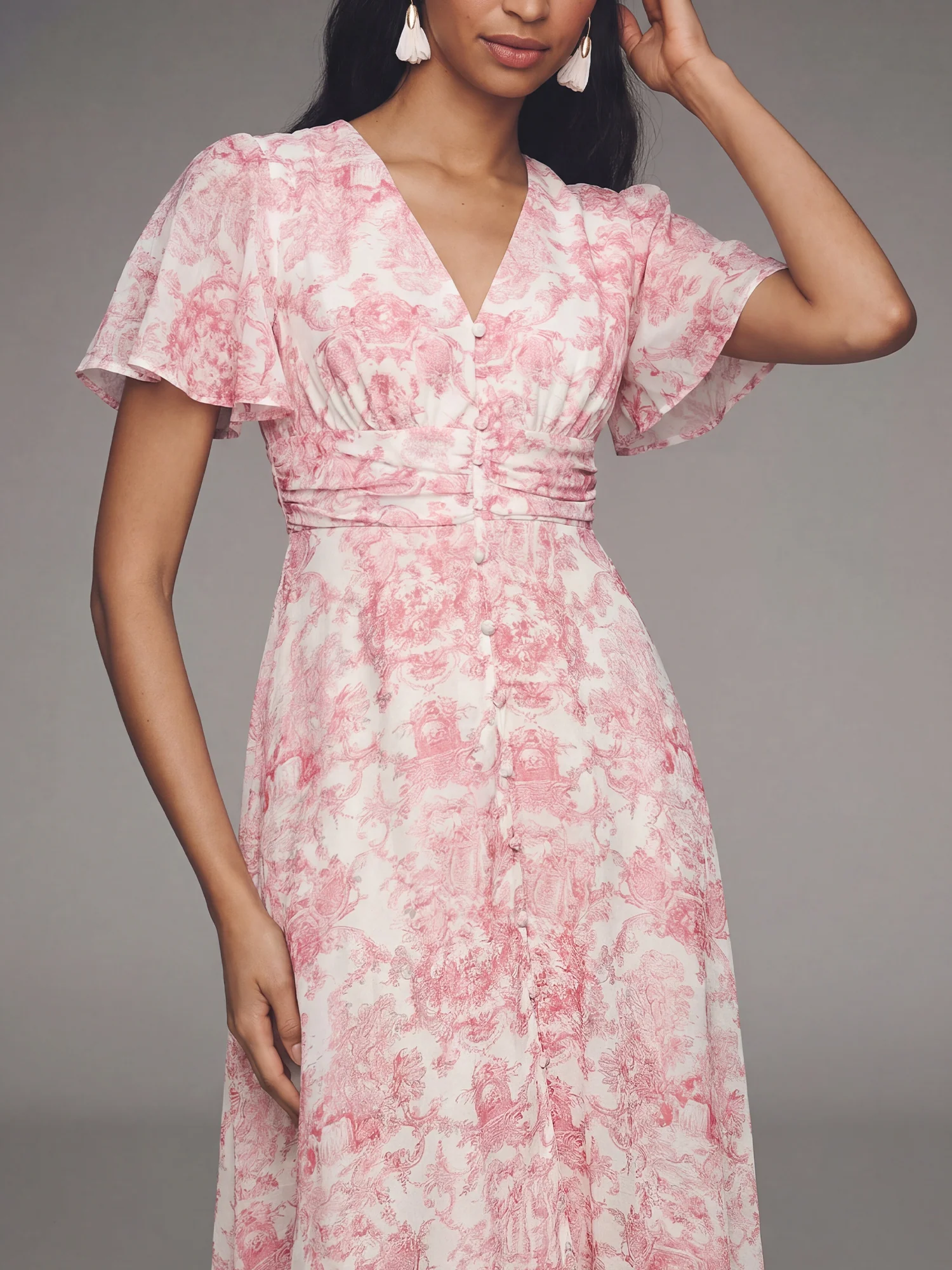 Short Sleeve Toile Print V Neck Midi Dress - Image 2
