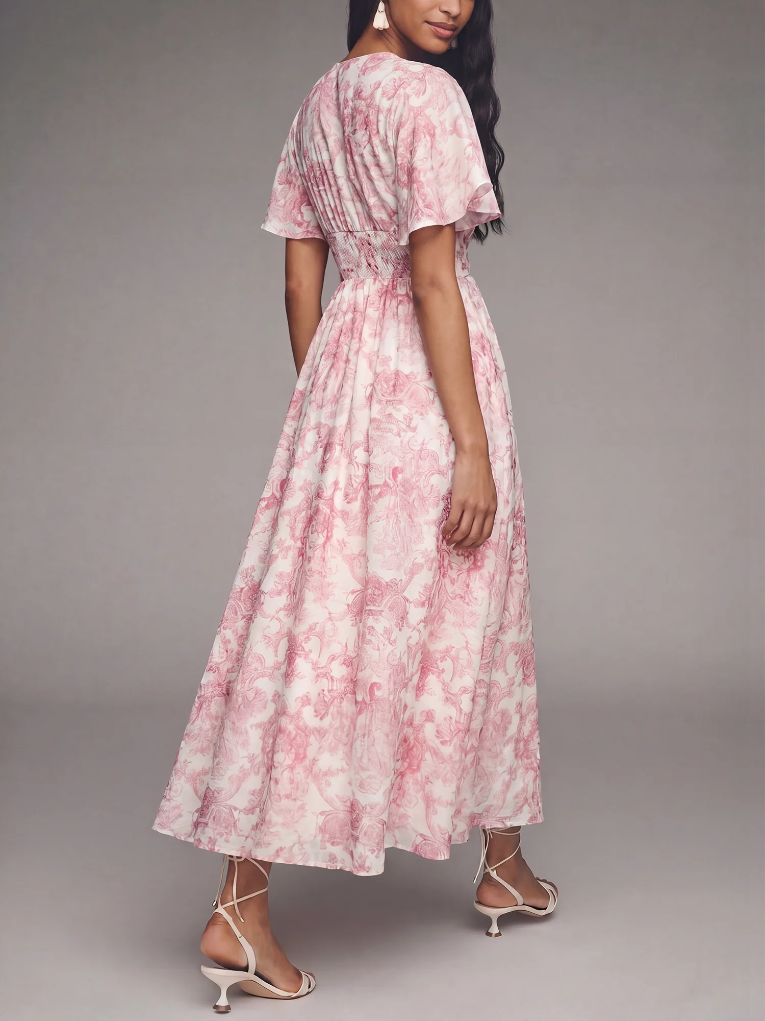 Short Sleeve Toile Print V Neck Midi Dress - Image 3