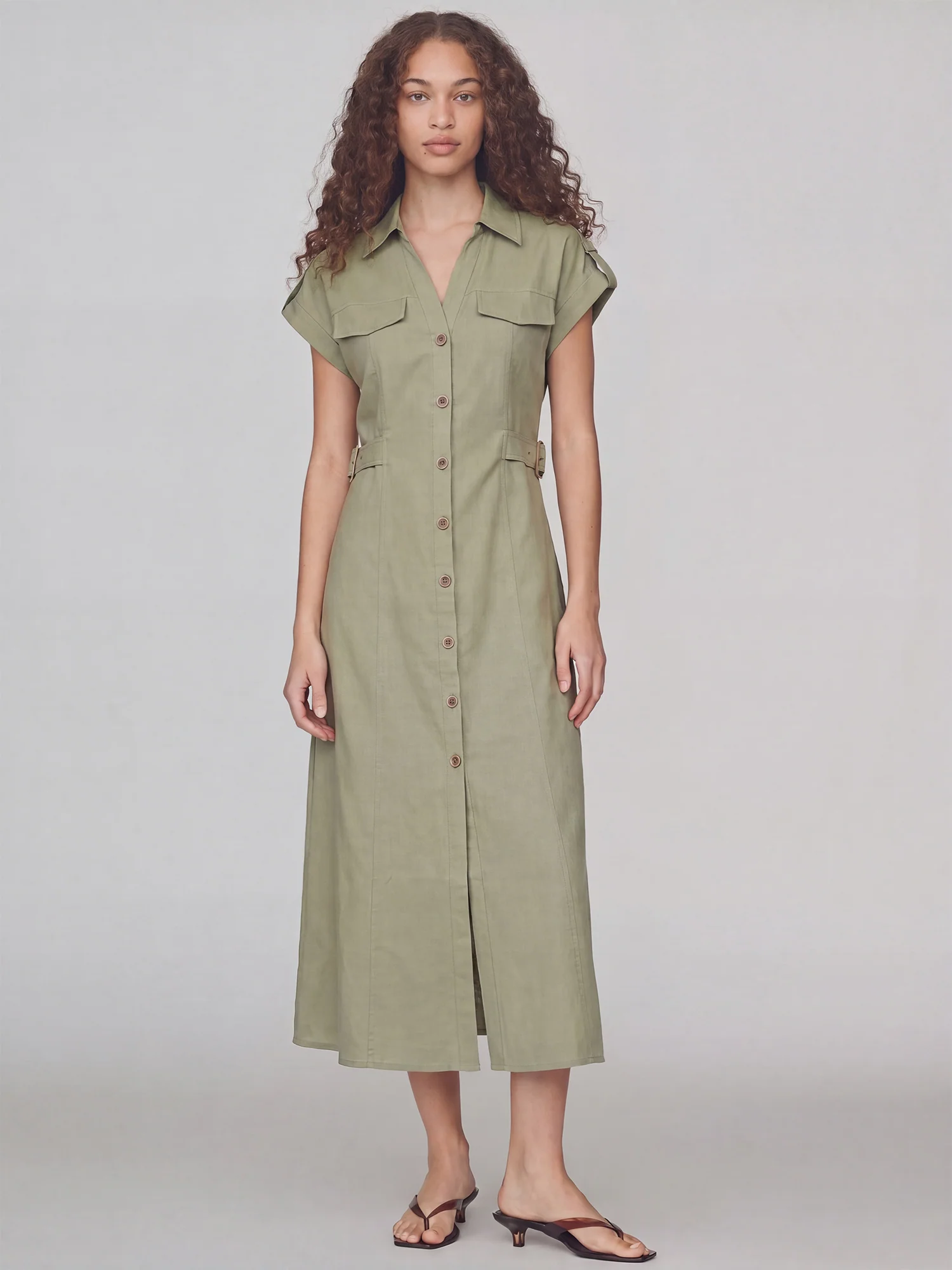 Short Sleeves Utility Pocket Button Down Shirt Midi Dress