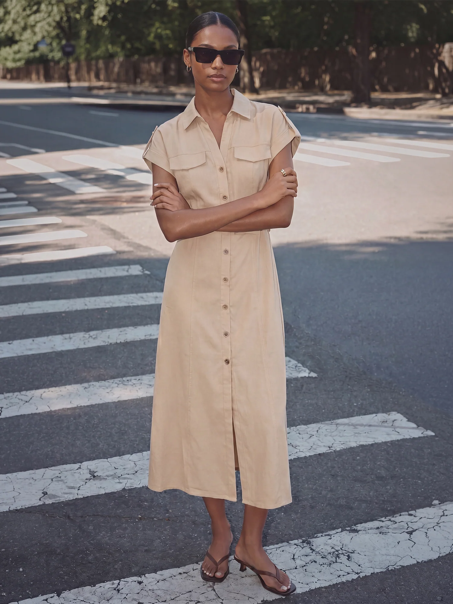 Short Sleeves Utility Pocket Button Down Shirt Midi Dress - Image 5