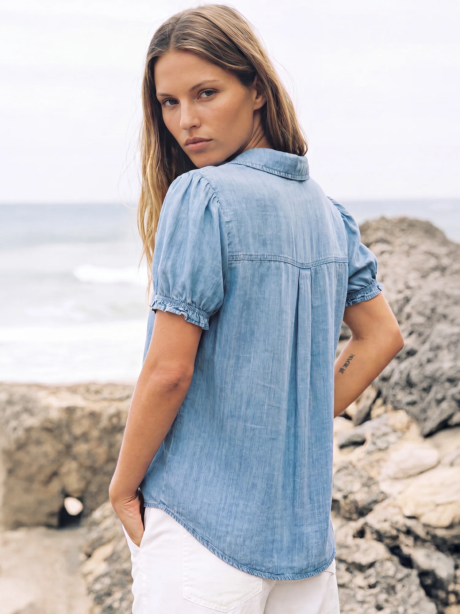 Short Sleeves V Neck Puff Sleeve Tencel Blouse - Image 3