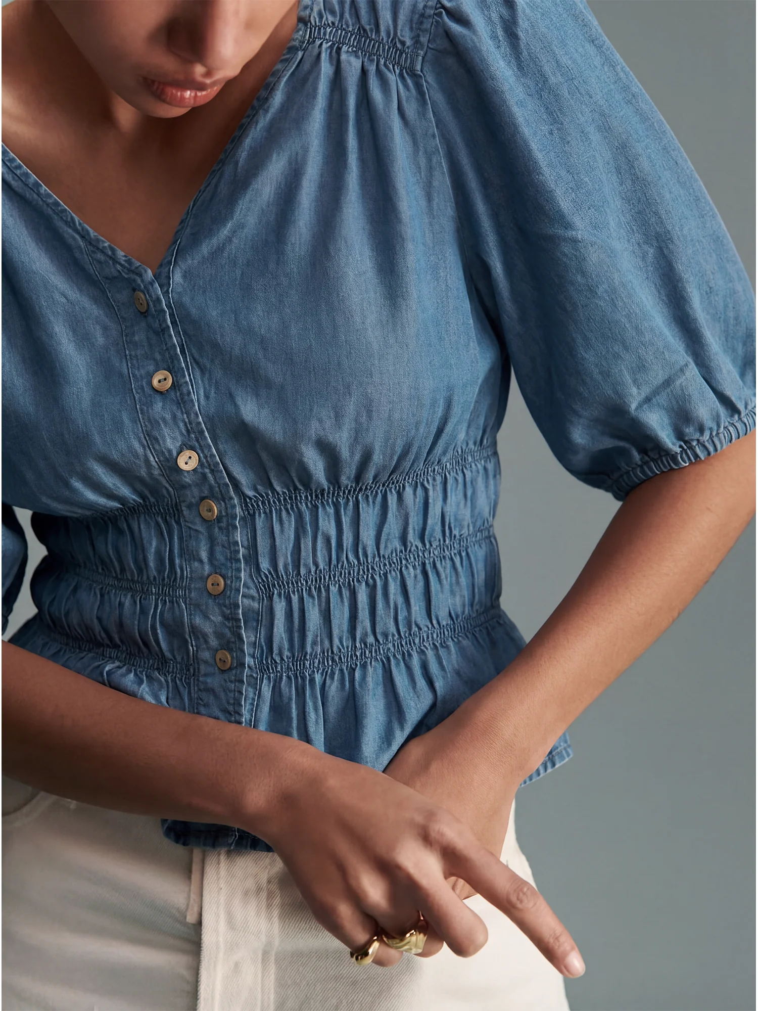Shortsleeves V Neck Tencel Blouse - Image 3