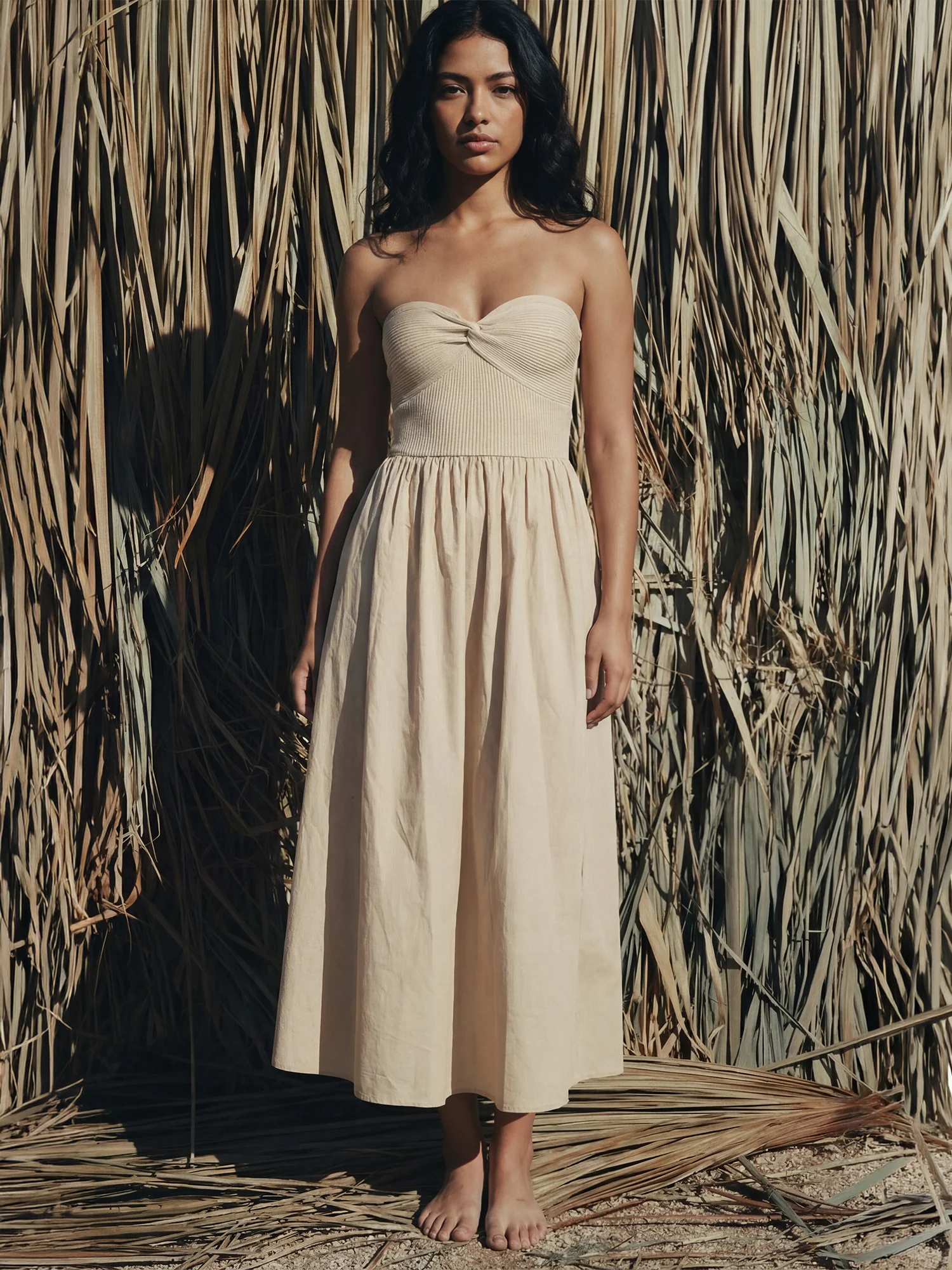 Strapless Mixed Media Poplin Fit And Flare Maxi Dress - Image 2