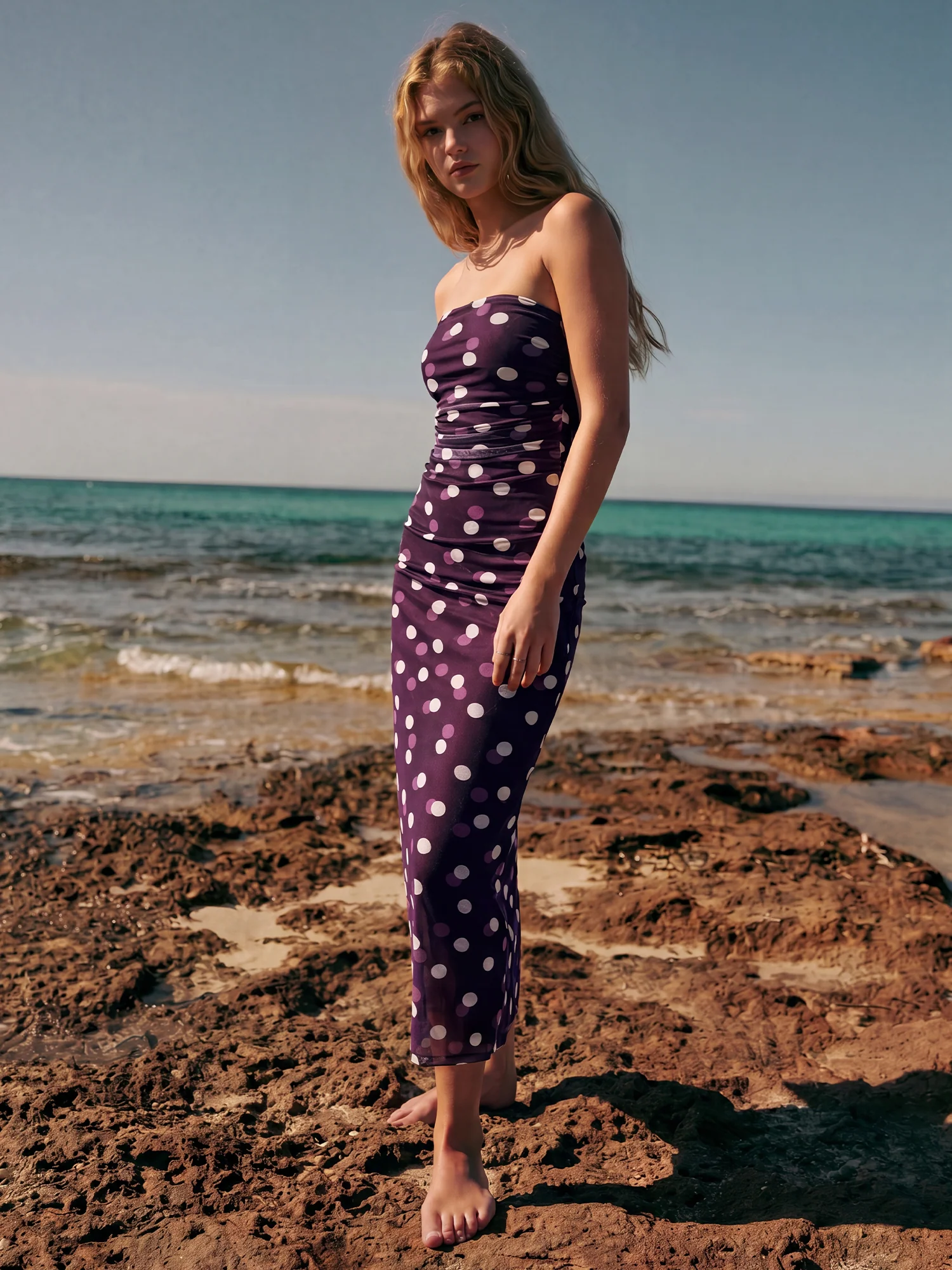 Strapless Polka Dot Mesh Bodycon Midi Dress