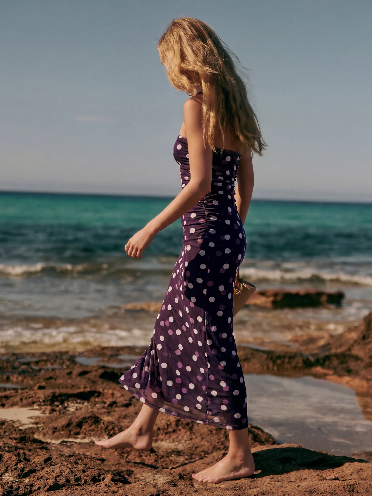 Strapless Polka Dot Mesh Bodycon Midi Dress - Image 3
