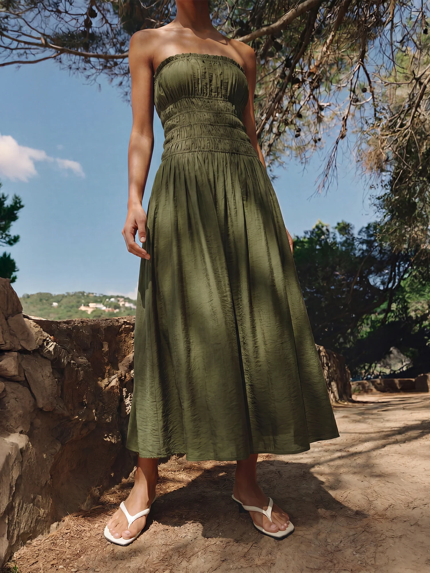 Strapless Ruched Bodice Midi Sun Dress - Image 2