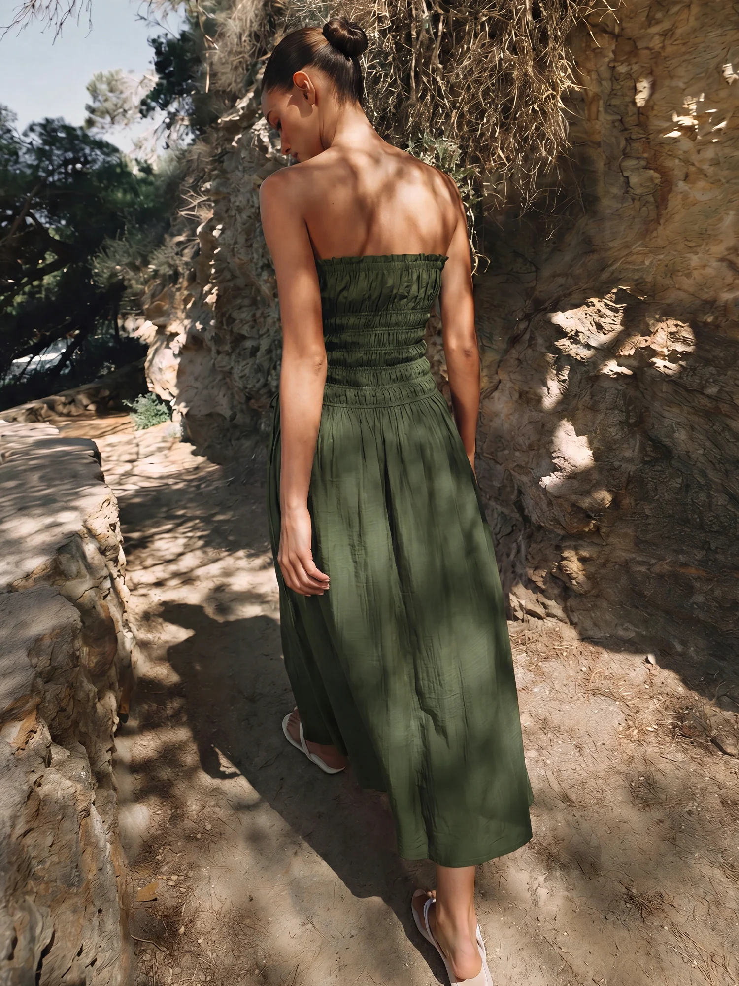 Strapless Ruched Bodice Midi Sun Dress - Image 4