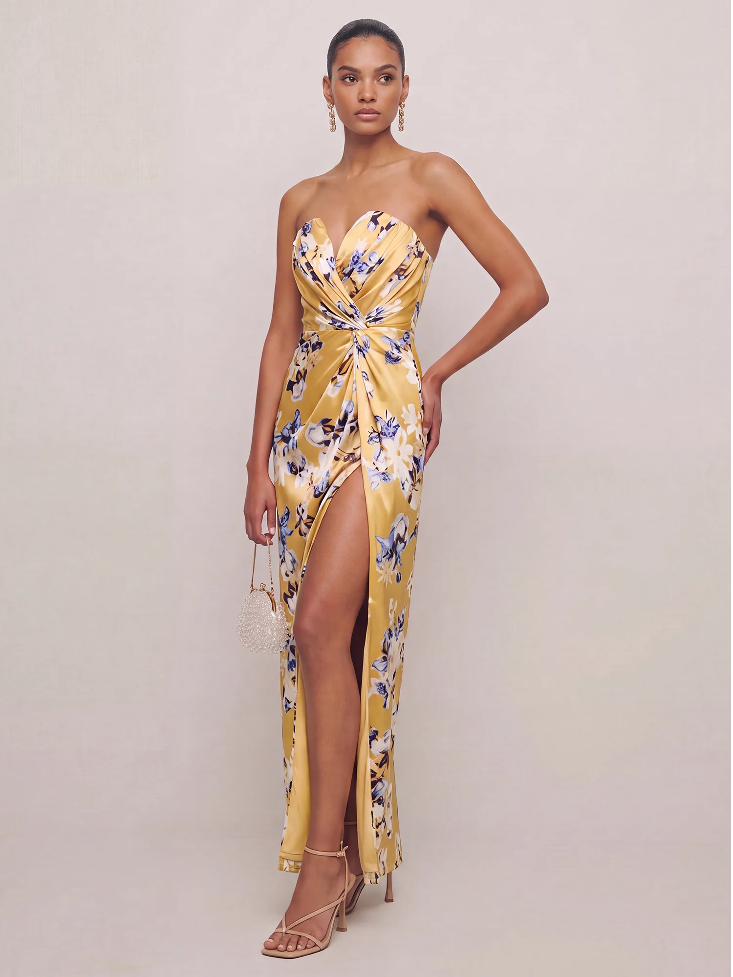 Strapless Side Ruch Floral Slit Gown