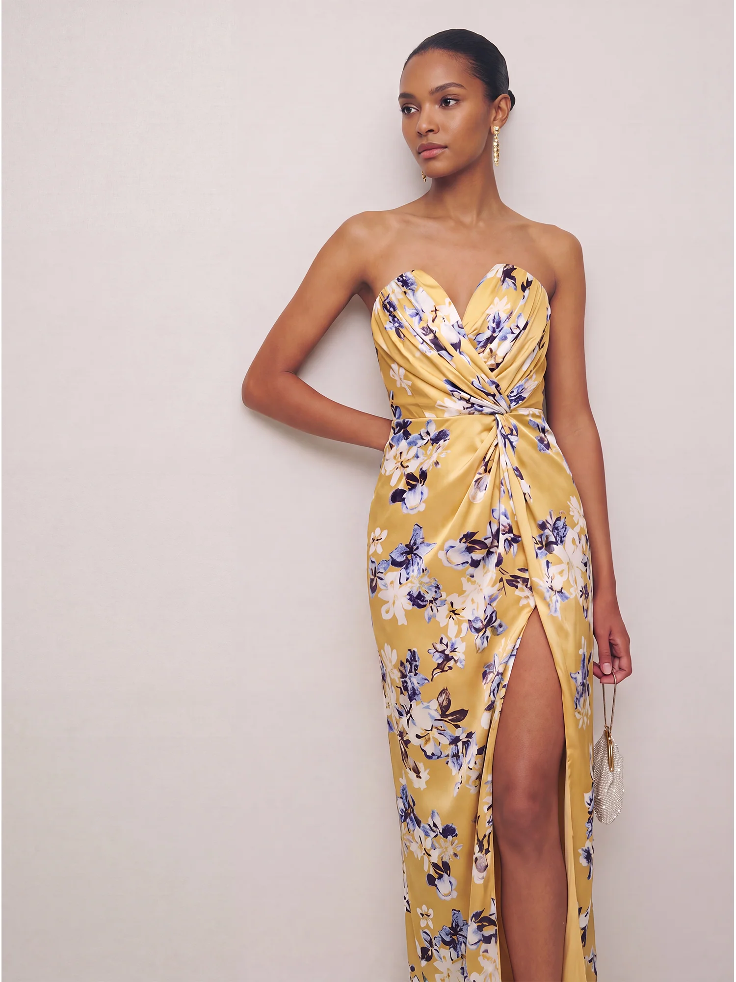 Strapless Side Ruch Floral Slit Gown - Image 2