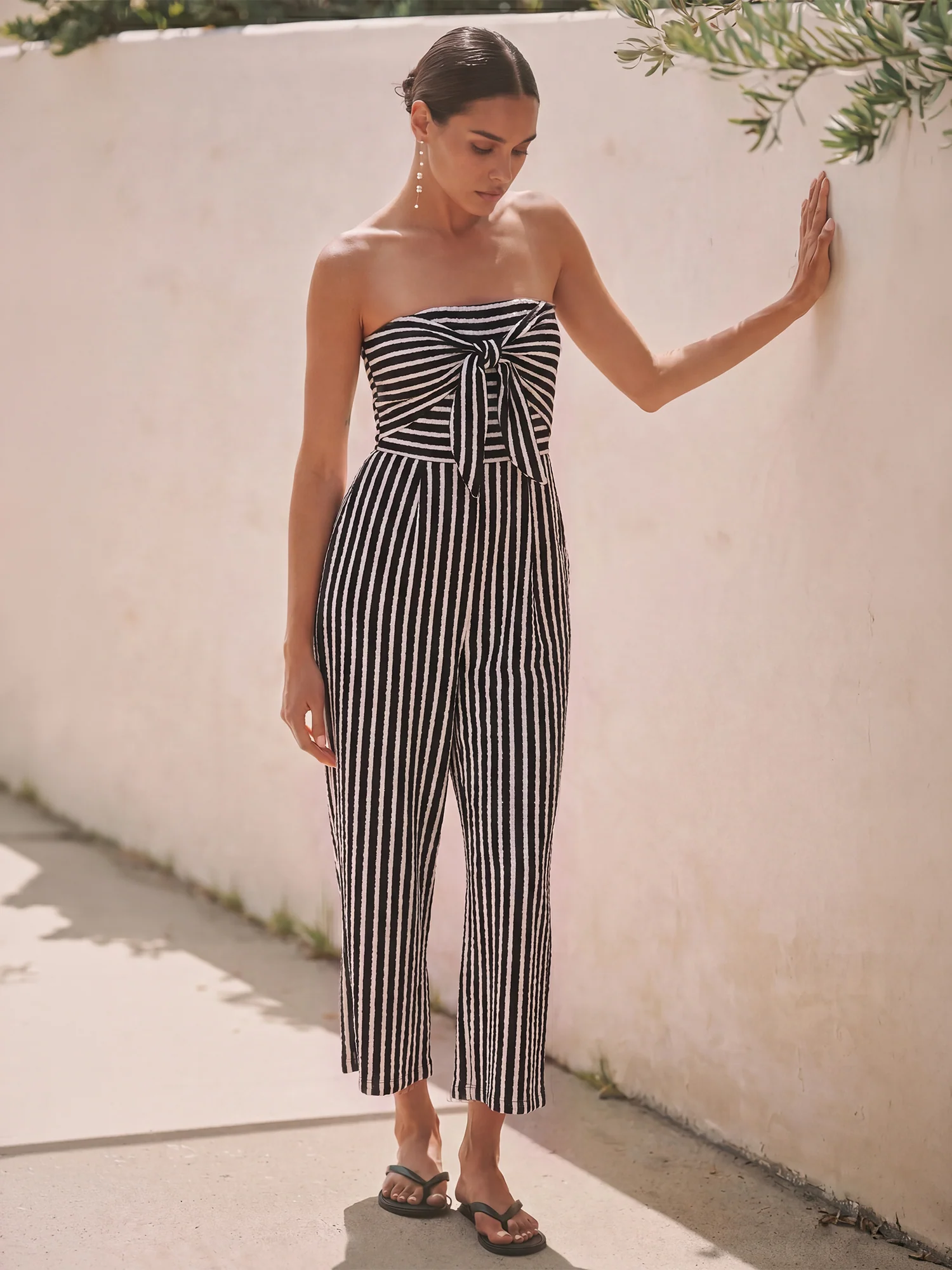 Strapless Tie Bodice Terry Knit Stripe Jumpsuit