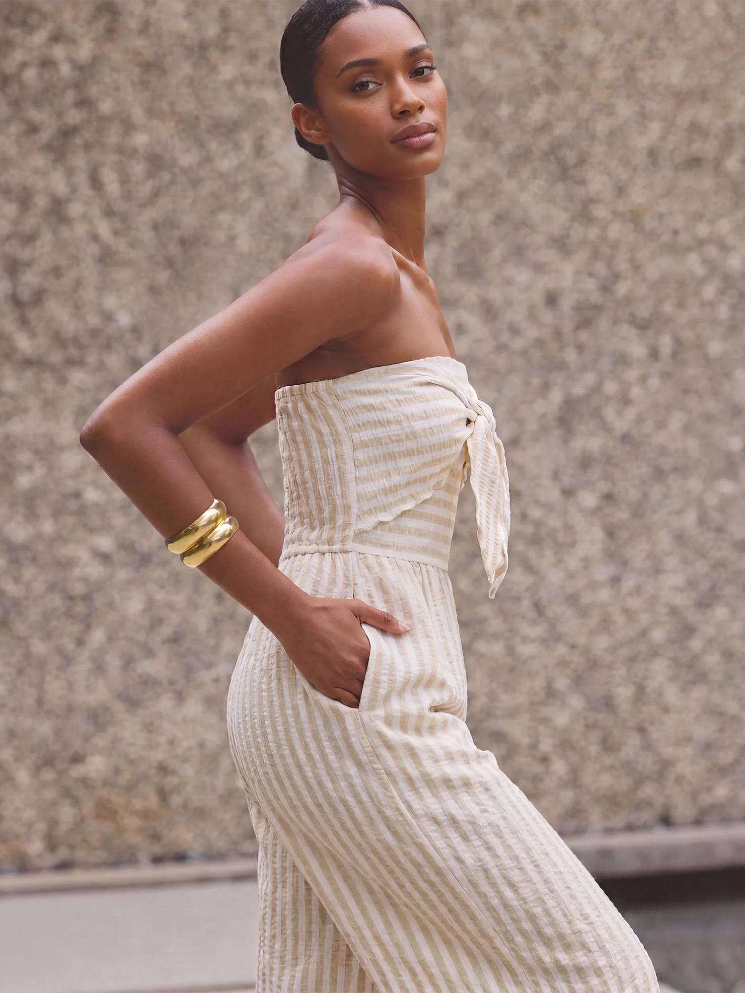 Strapless Tie Bodice Terry Knit Stripe Jumpsuit - Image 6