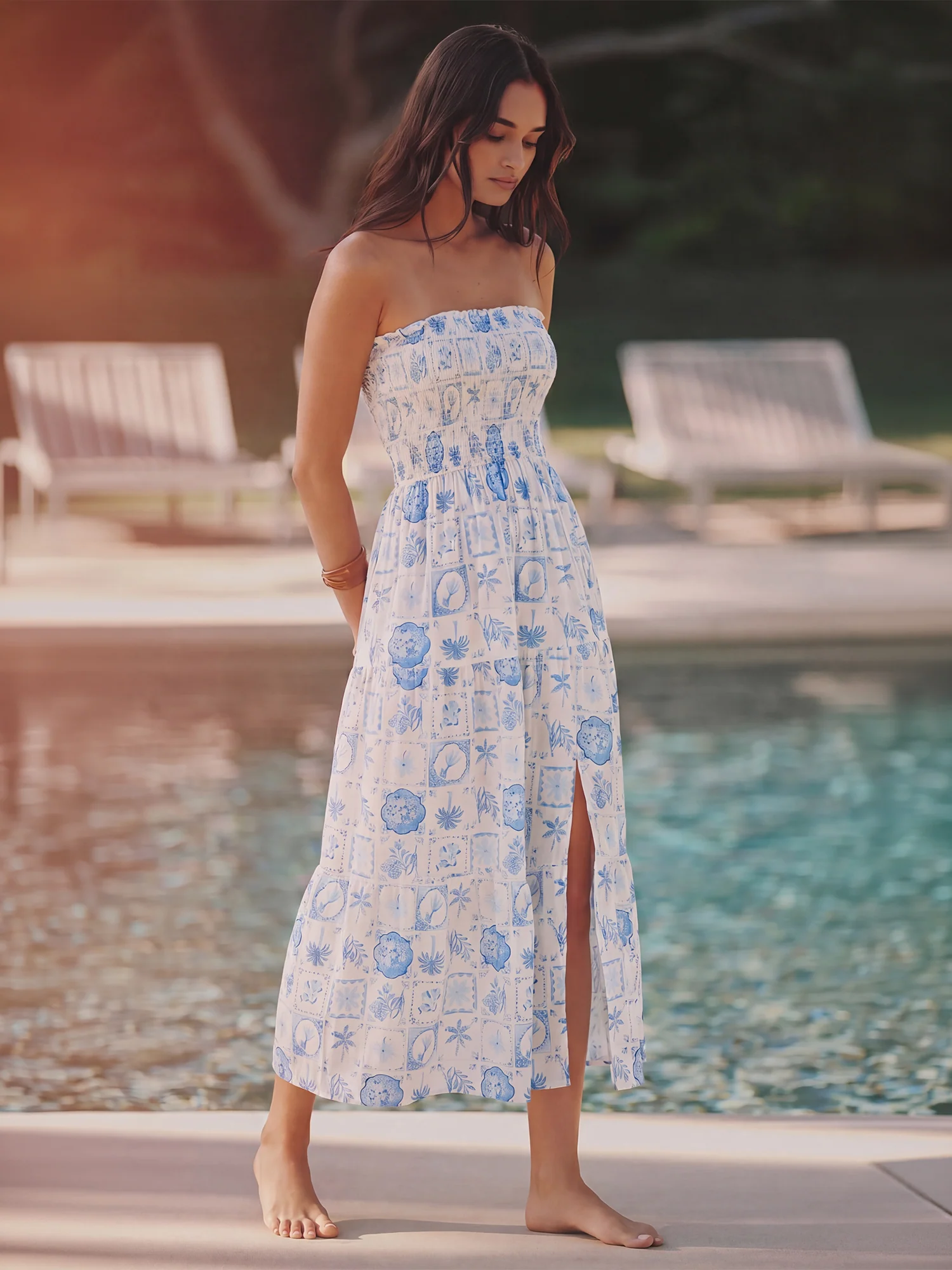 Strapless Tropical Patchwork Print Maxi Flowy Dress