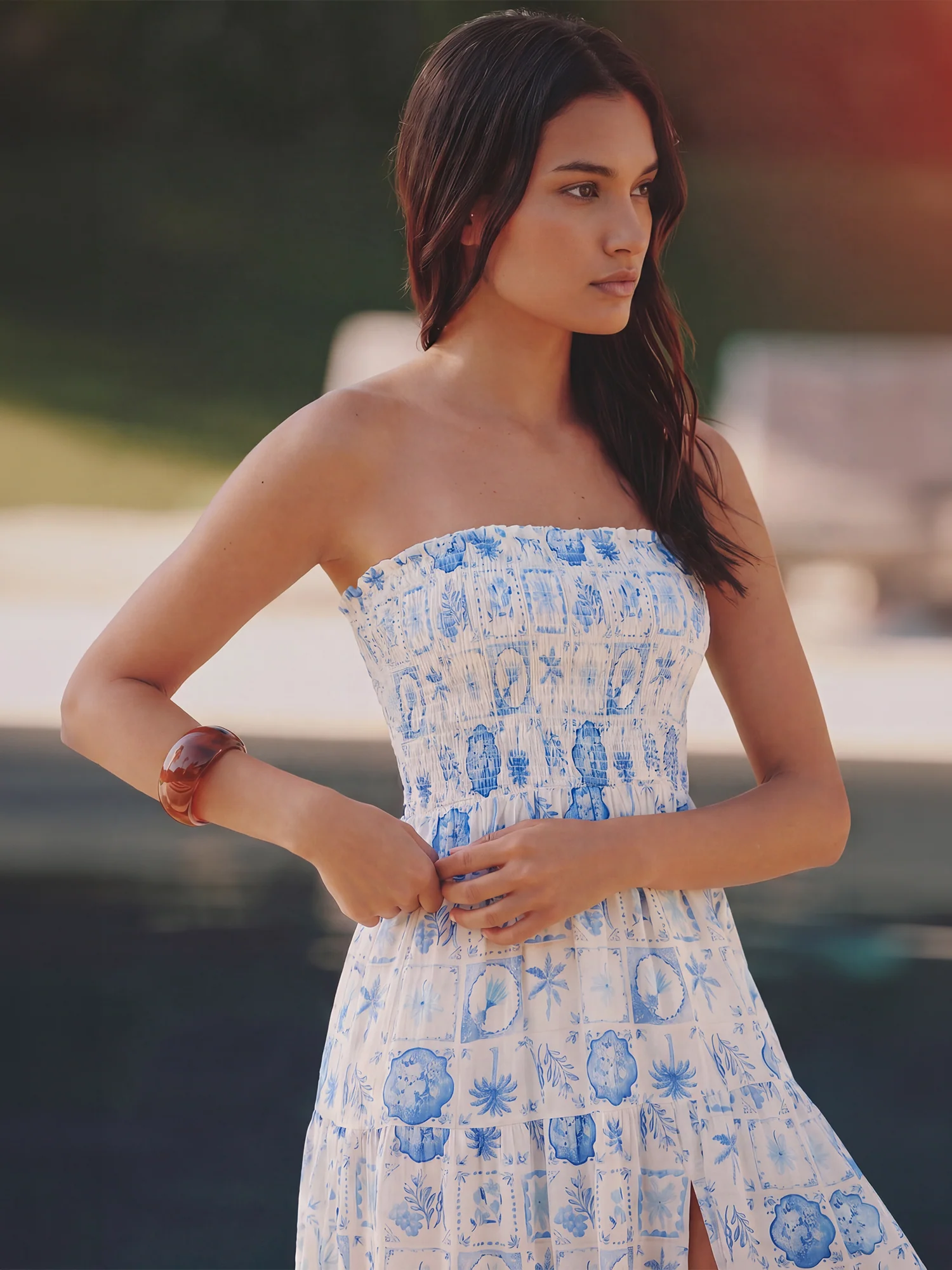 Strapless Tropical Patchwork Print Maxi Flowy Dress - Image 2