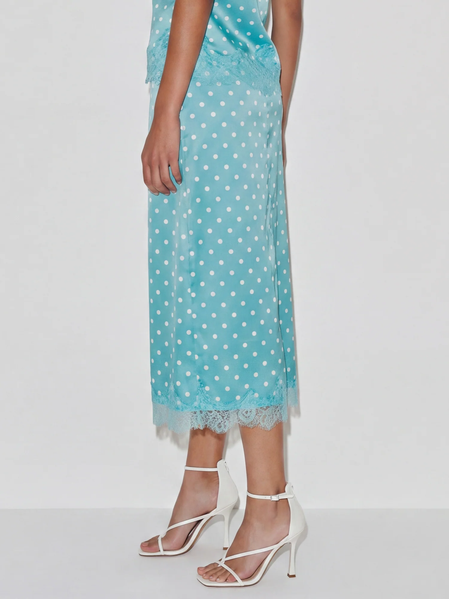 Stretch Satin Polka Dot Lace Midi Slip Skirt - Image 4