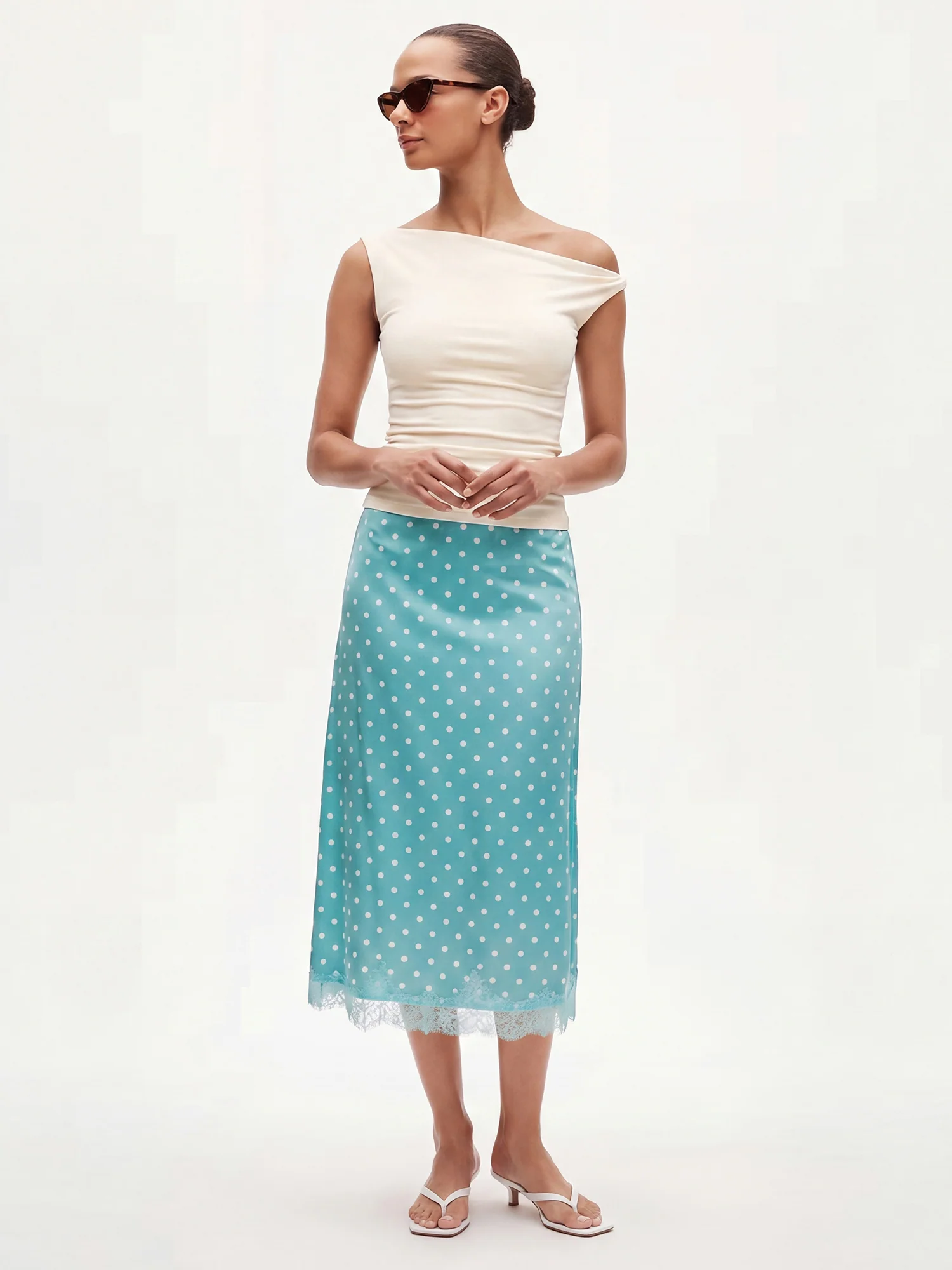 Stretch Satin Polka Dot Lace Midi Slip Skirt - Image 6