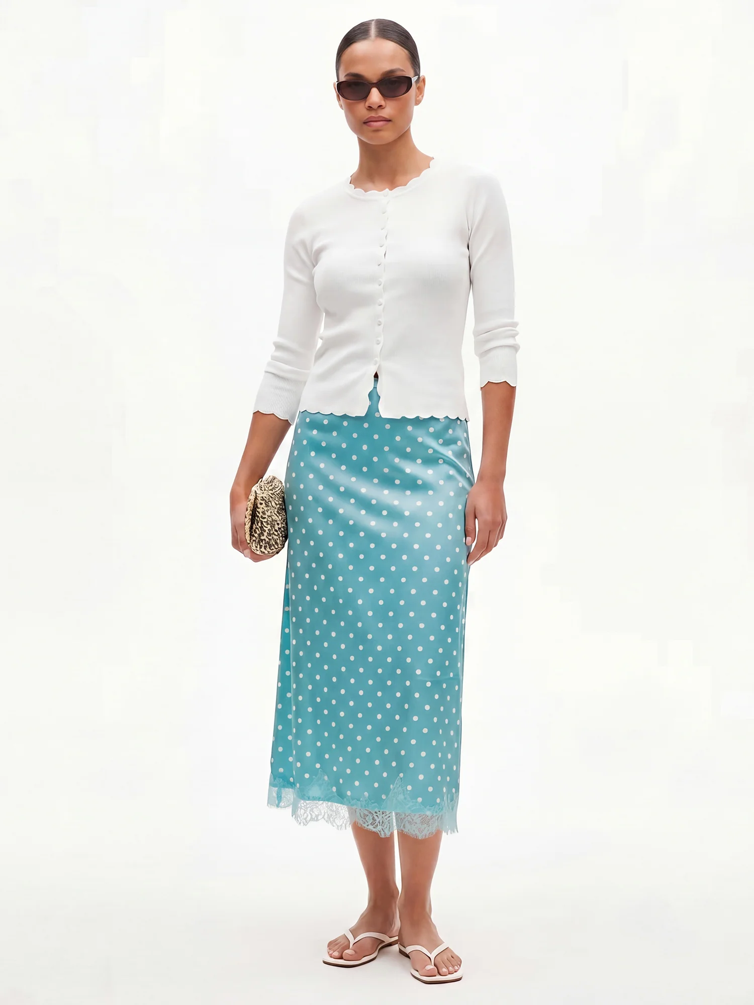 Stretch Satin Polka Dot Lace Midi Slip Skirt - Image 7