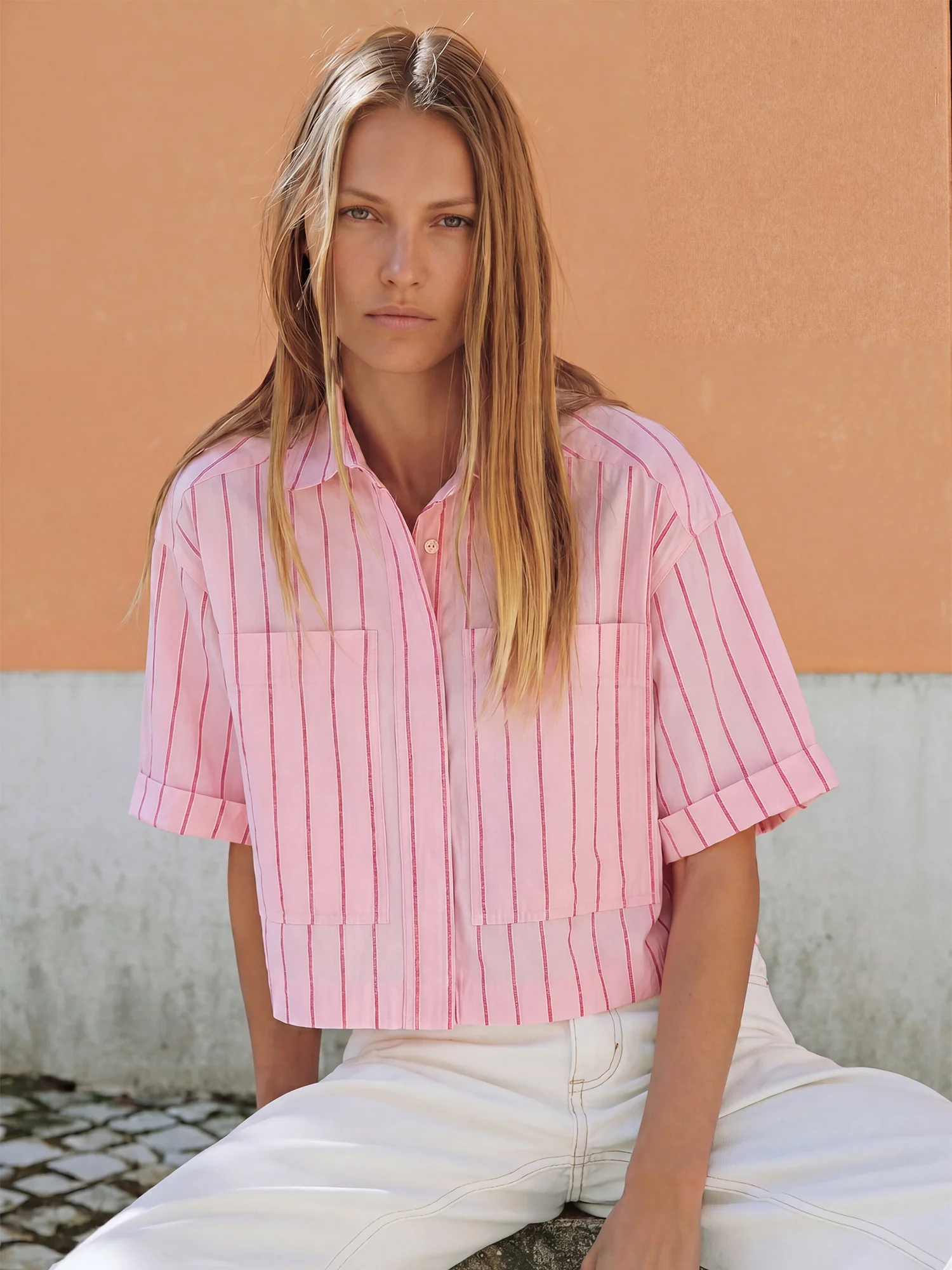 Stripe Button Down Short Sleeve Shirt