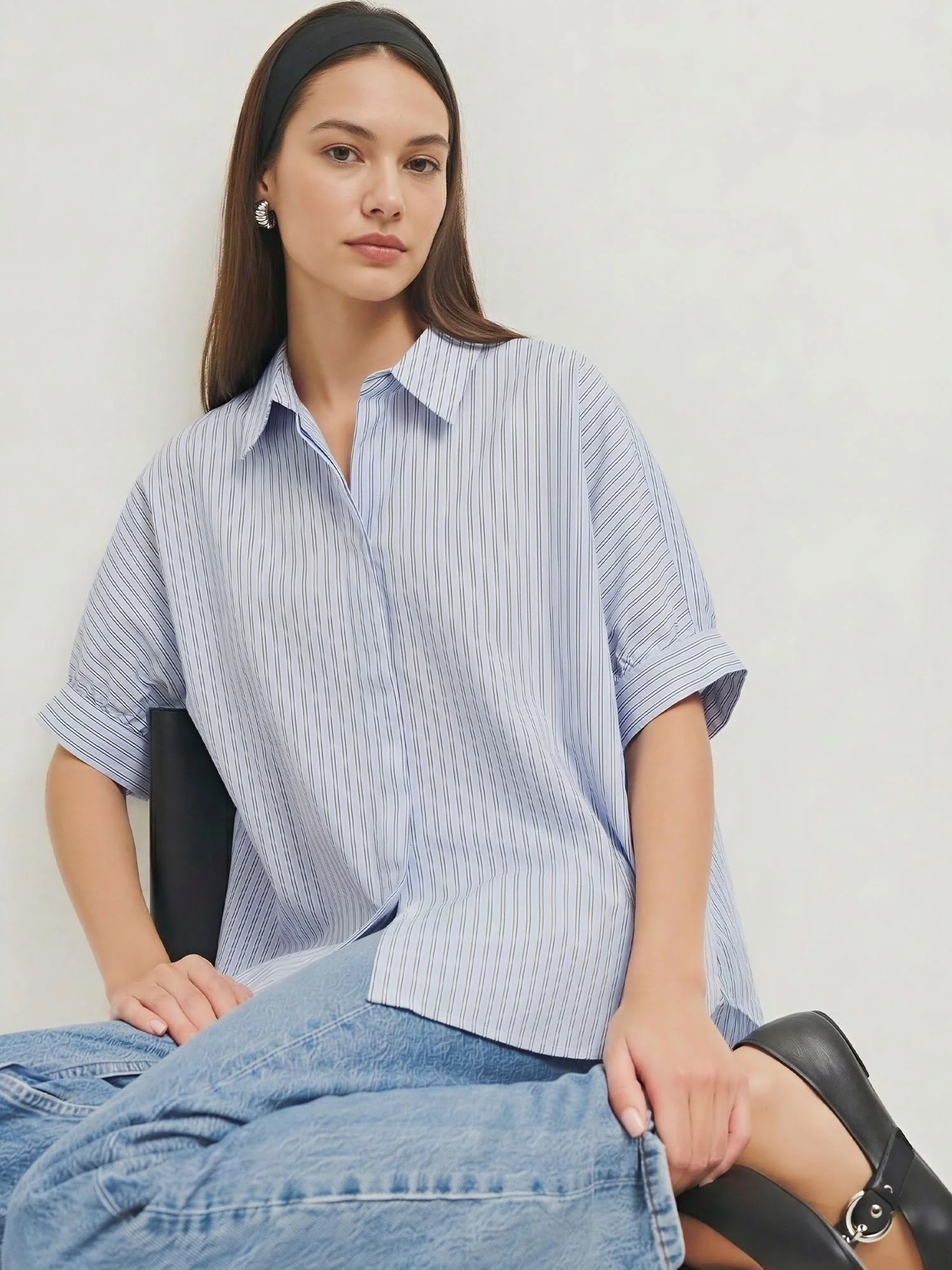 Striped Collar Cuffed Short Sleeves Button Down Shirt - Image 7
