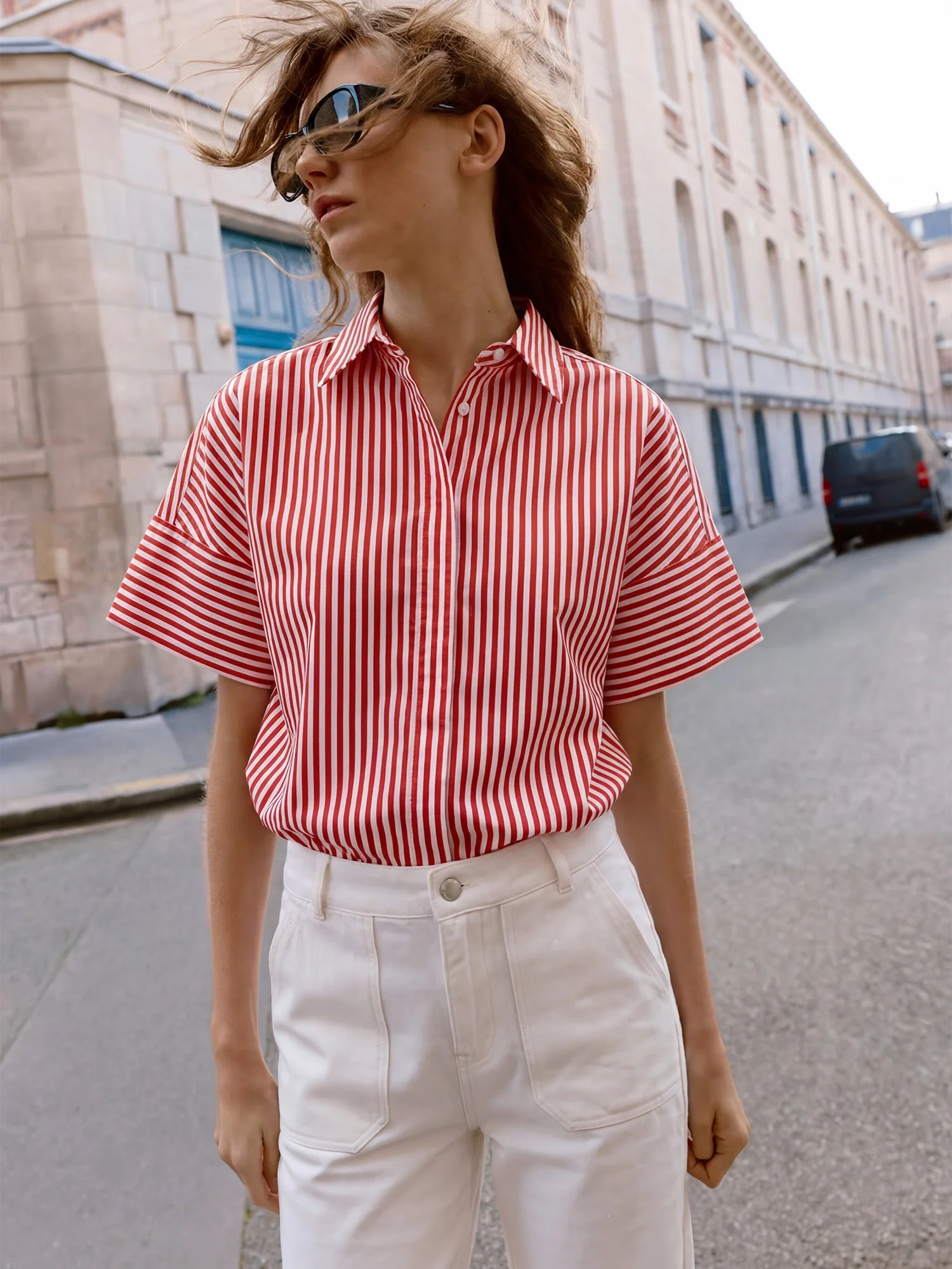 Striped Short Sleeve Collared Relaxed Shirt - Image 6