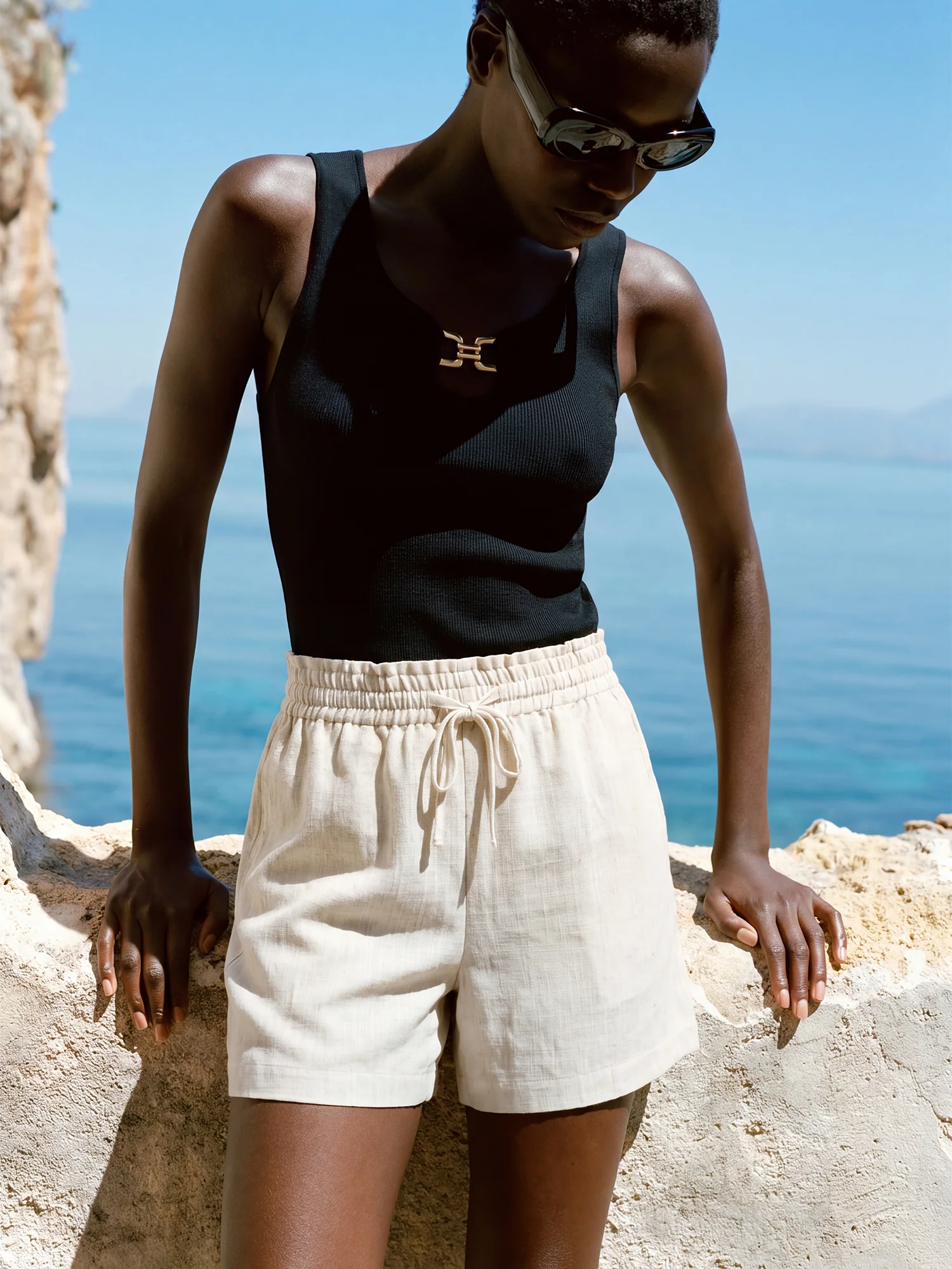 Tie Waist Linen Blend Shorts - Image 6