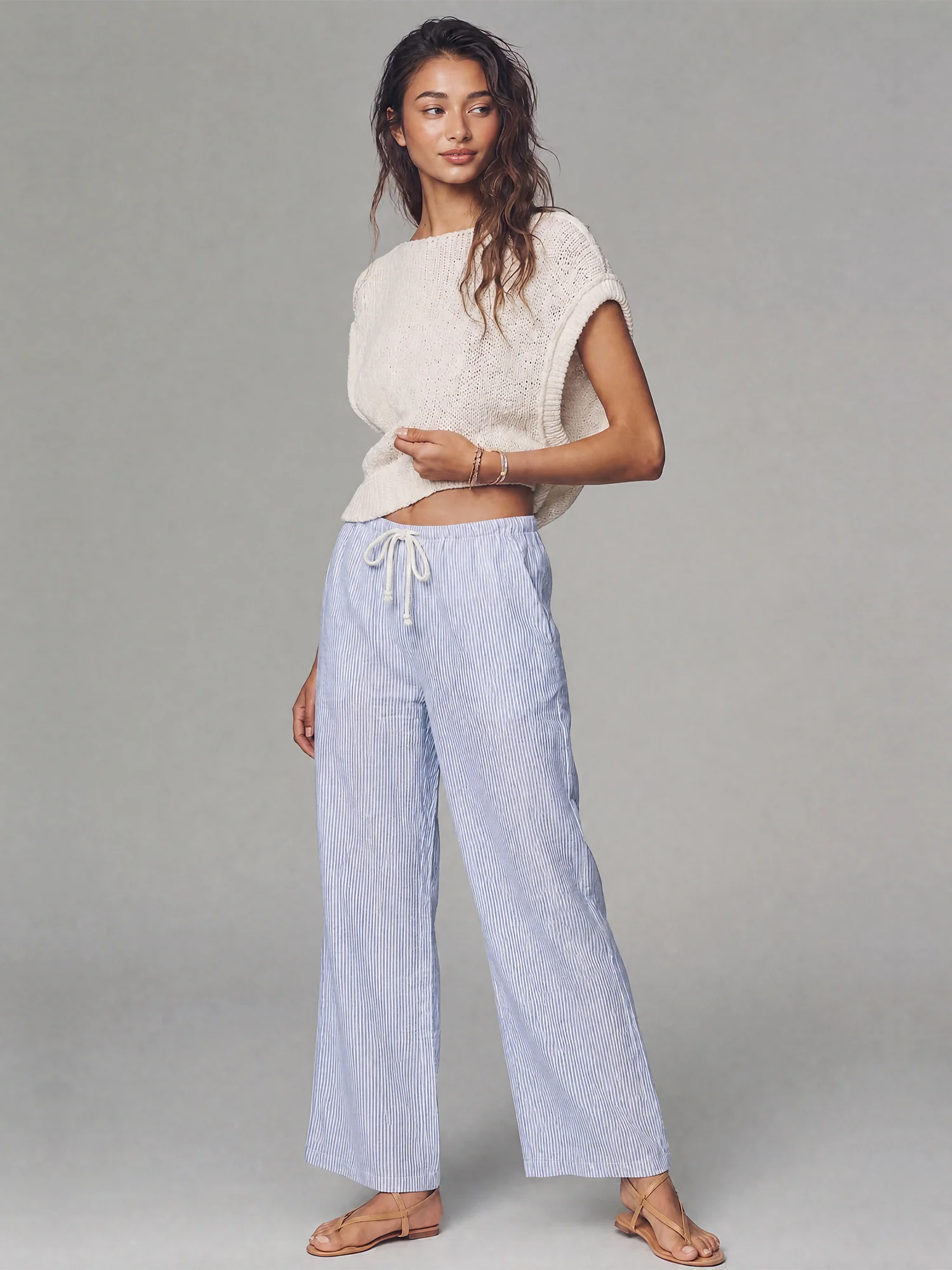 Tie Waist Stripe Linen Blend Straight Leg Pants - Image 7