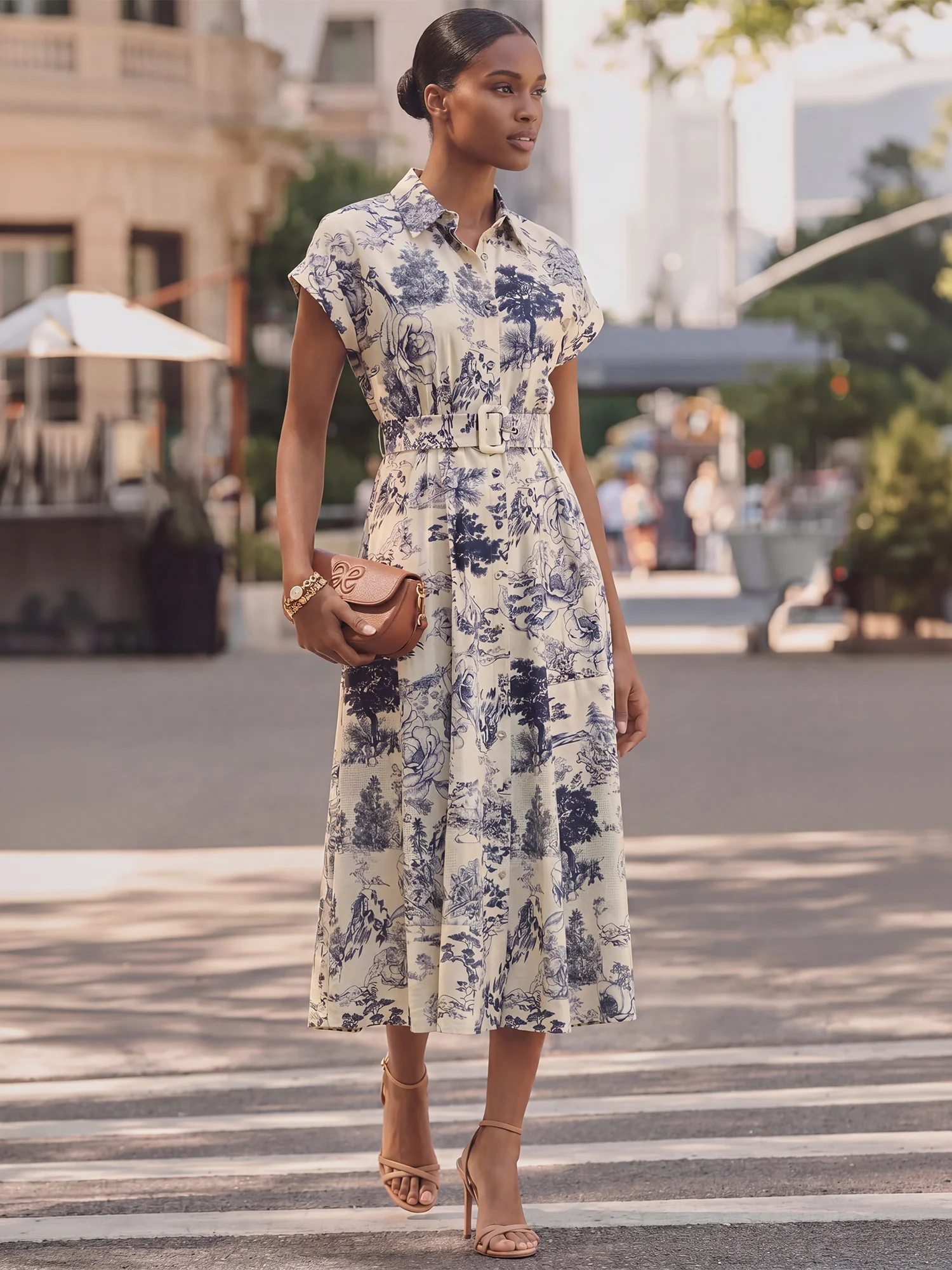 Toile Print Button Down Shirt Midi Dress
