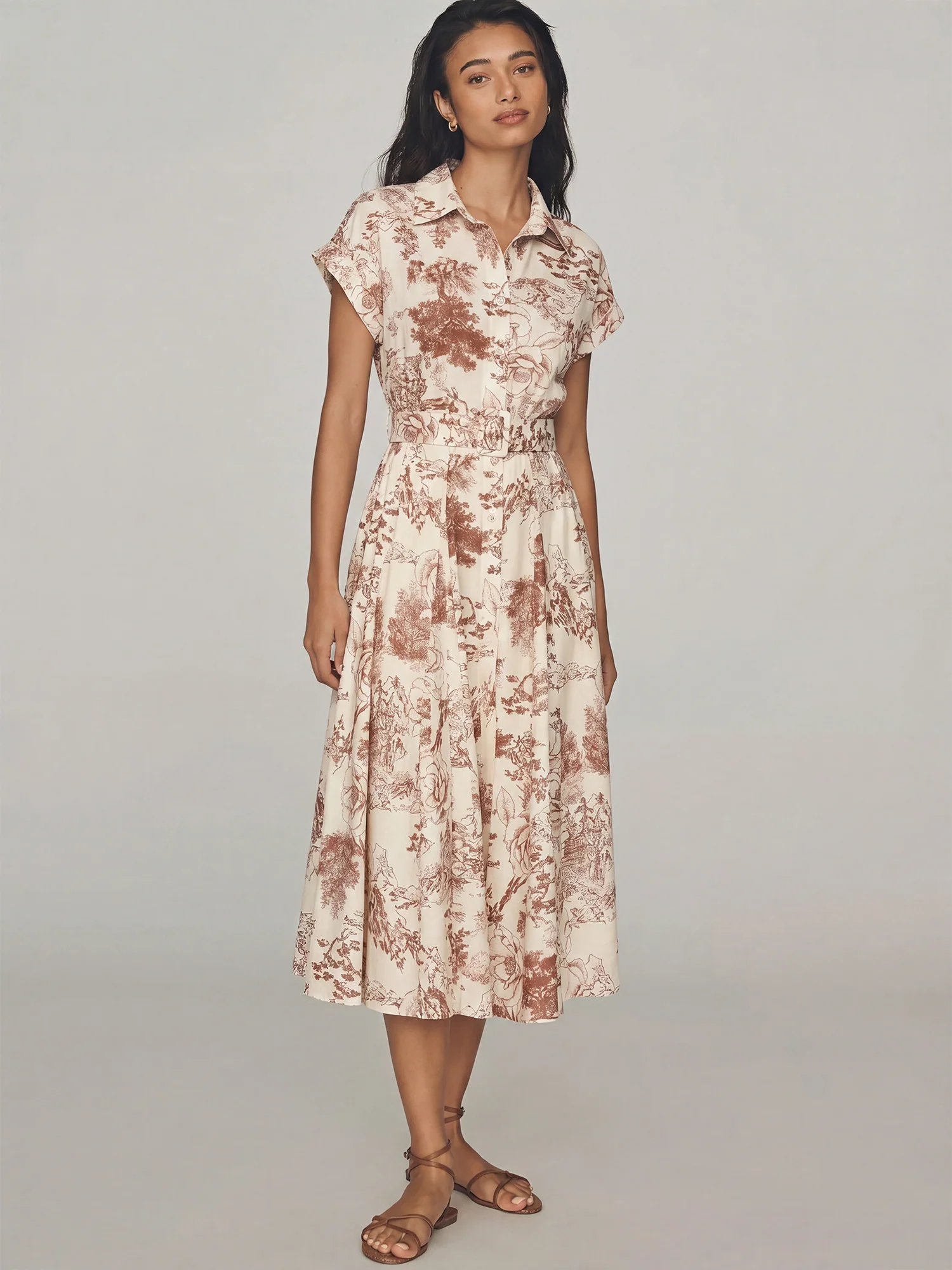 Toile Print Button Down Shirt Midi Dress - Image 5