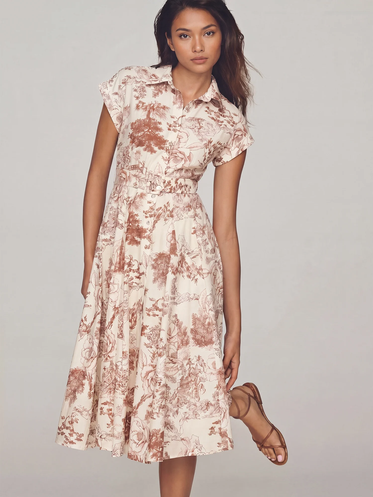 Toile Print Button Down Shirt Midi Dress - Image 7