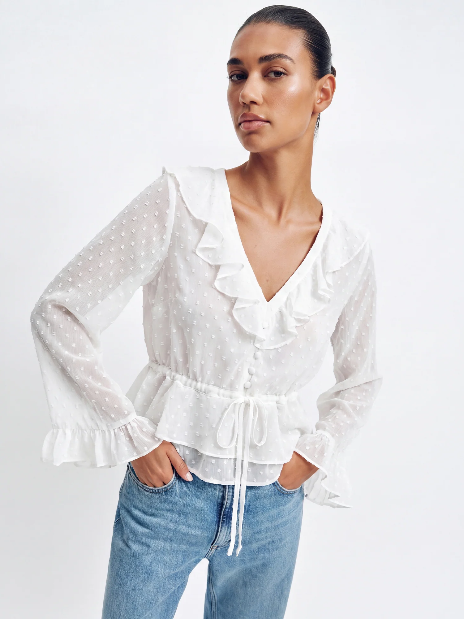 V-Neck Drawstring Waist Floral Embroidery Eyelet Top