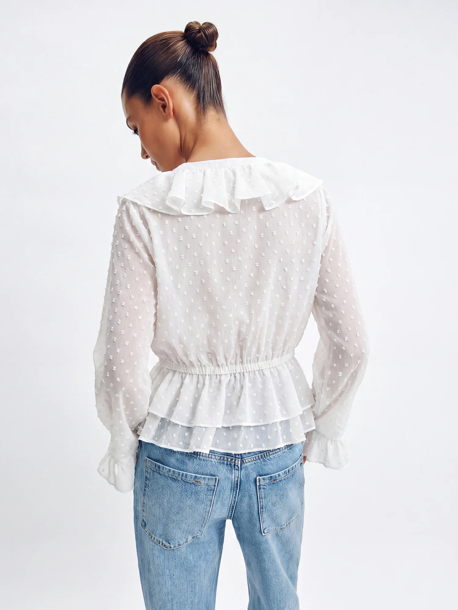 V-Neck Drawstring Waist Floral Embroidery Eyelet Top - Image 3