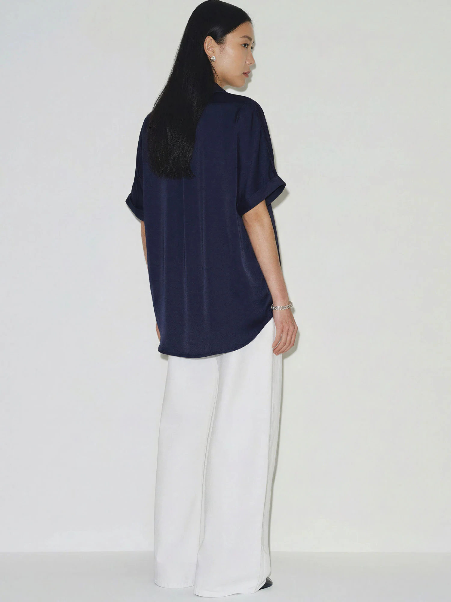 V-Neck Mandarin Collar Short Dolman Sleeves Flowy Top - Image 10